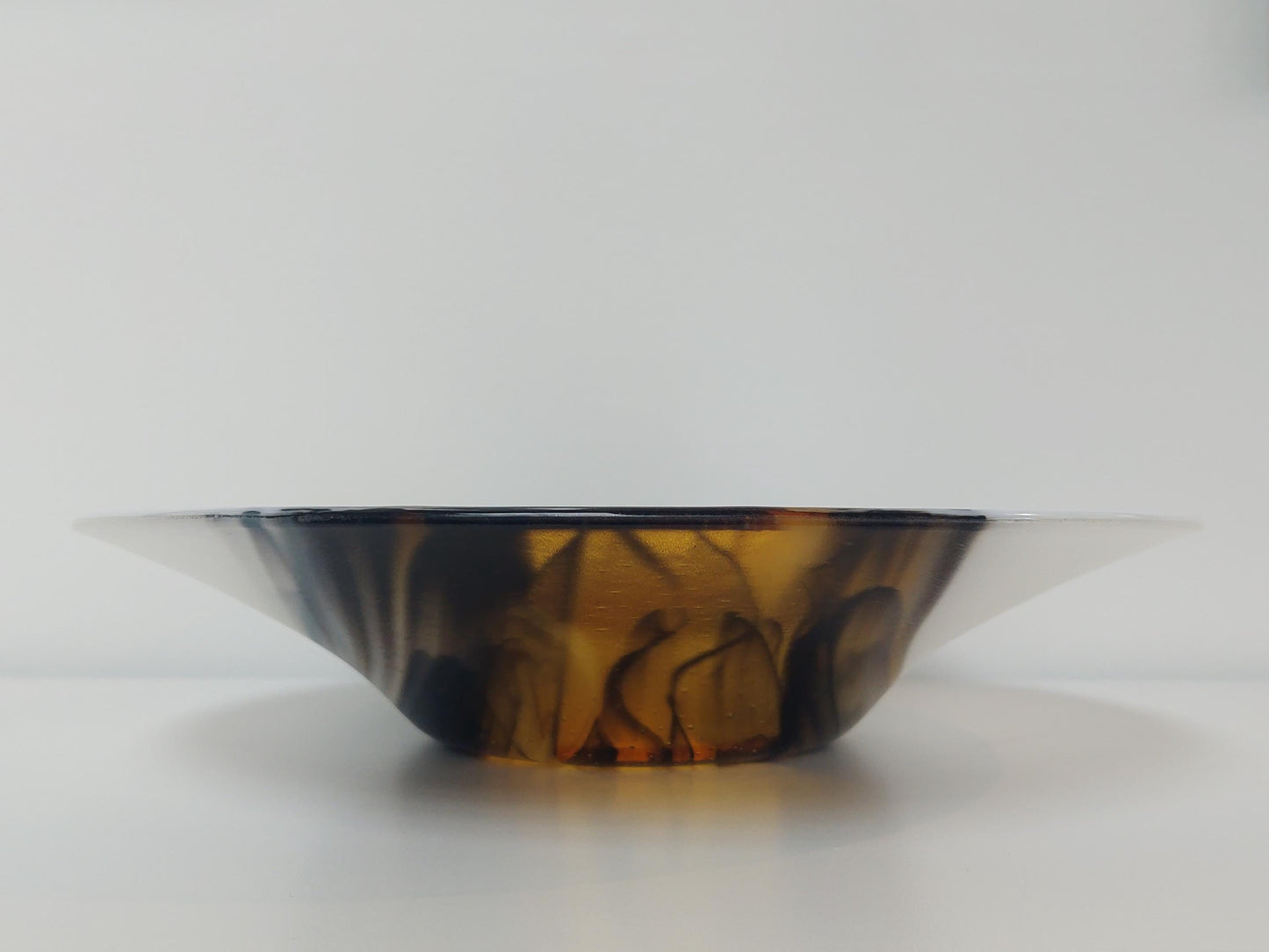 Golden Cascade Glass Art Bowl, Large Handcrafted White Kiln Formed Bowl with an Abstract Gold and Black Design, Artisanal Wedding Gift