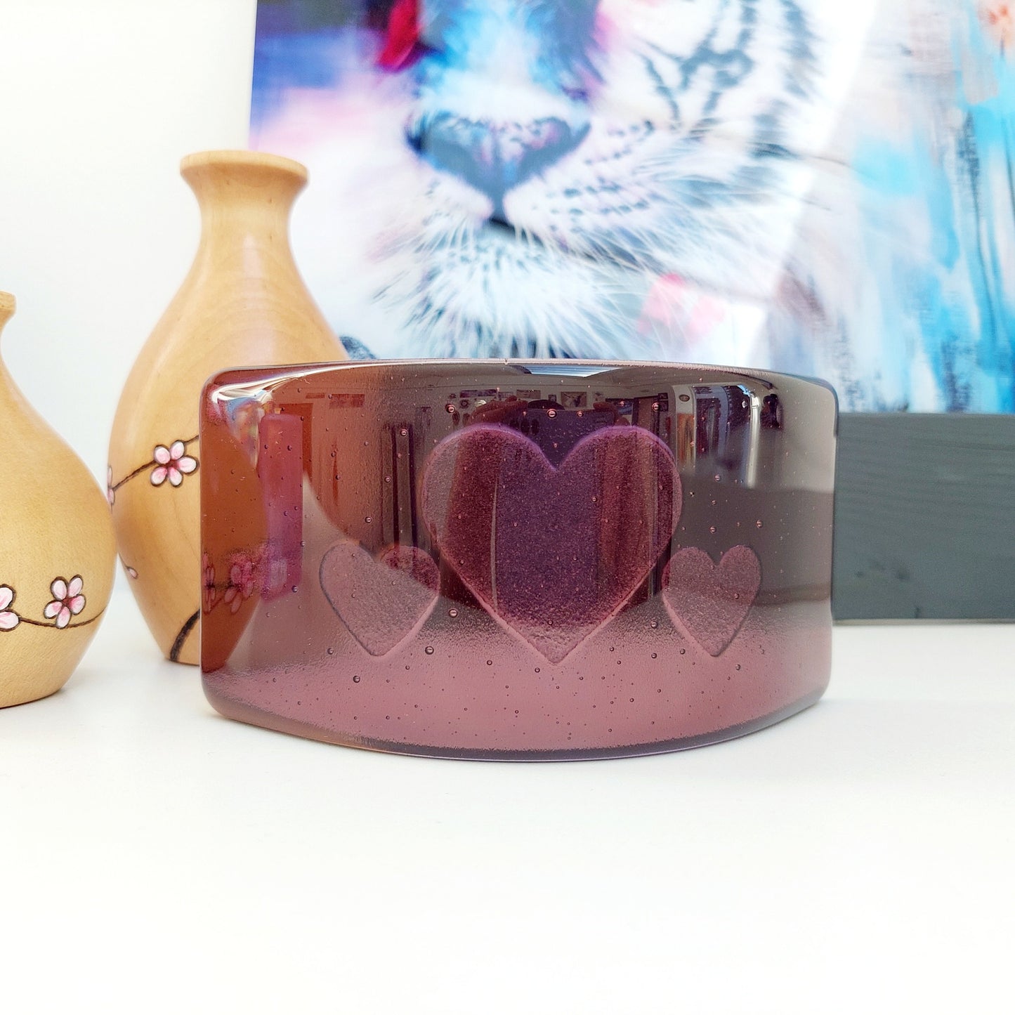 Plum Fused Glass Curve with a Trio of Kiln Carved Hearts, Purple Glass Art Ornament