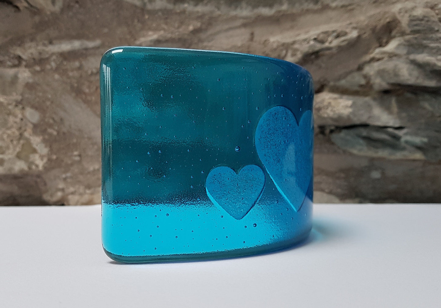 Turquoise Glass Heart Curve, Handmade Blue Glass Art Ornament with a Trio of Kiln Carved Hearts, Blue Decor, Love in the Lakes Collection