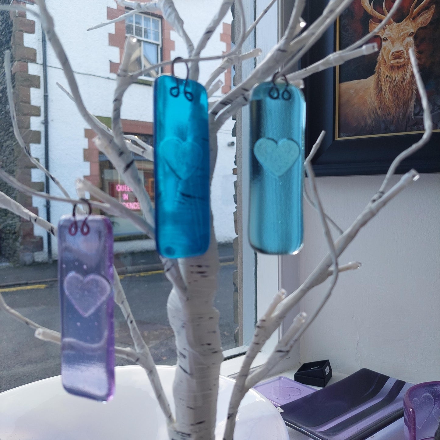 Turquoise Glass Heart Wish Stick, Small Handmade Blue Fused Glass Suncatcher with a Kiln Carved Heart, Turquoise Window Décor, Heart Décor