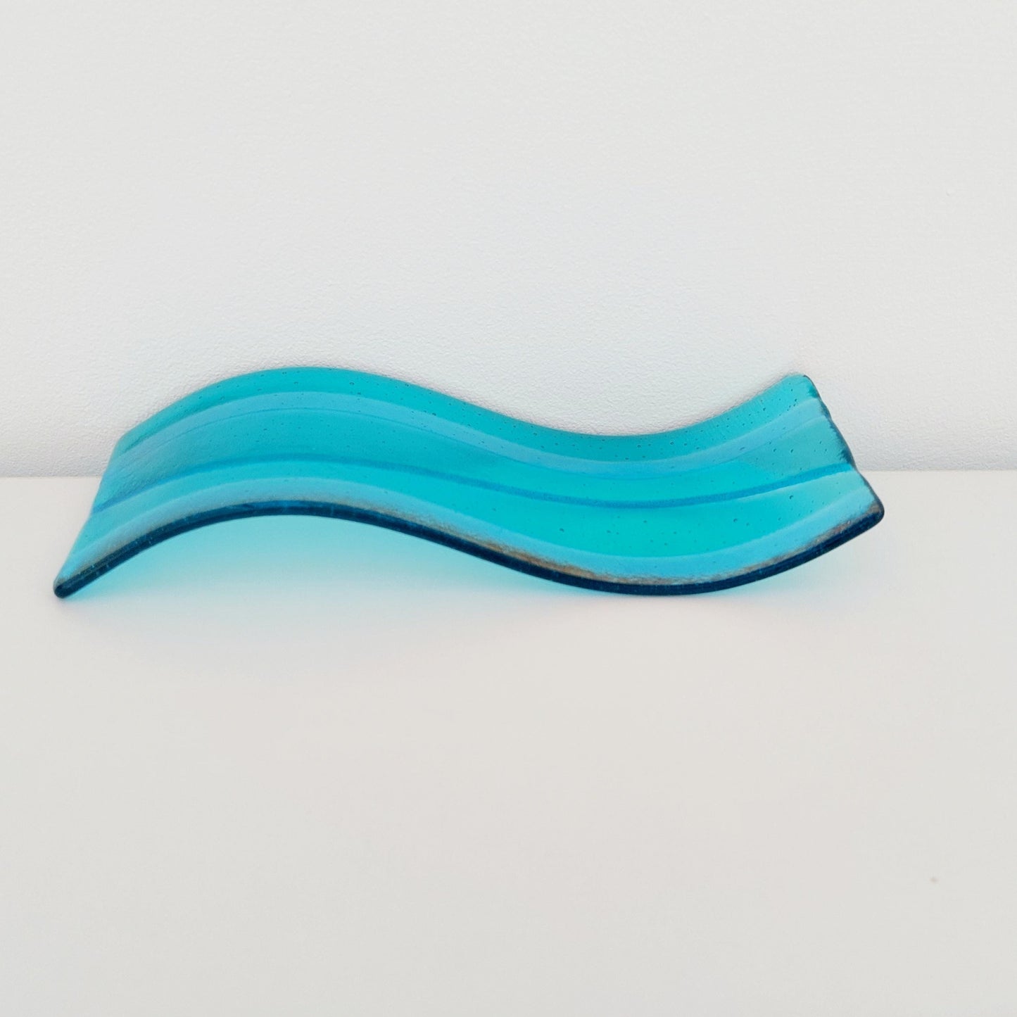 Aqua and Turquoise Glass Wave, Handcrafted Minimalist Fused Glass Art Ornament, Unusual Bathroom Shelf Ornament, Turquoise Bathroom Décor