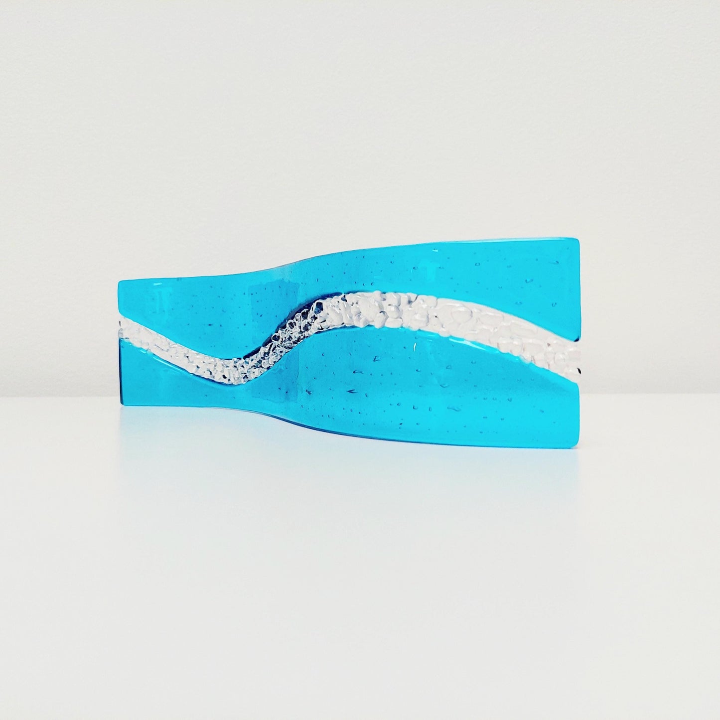 Abstract Turquoise Glass Art Wave, Handmade Turquoise and Crystal Clear Fused Glass Ornament, Minimalist Turquoise Décor, Beach House Décor