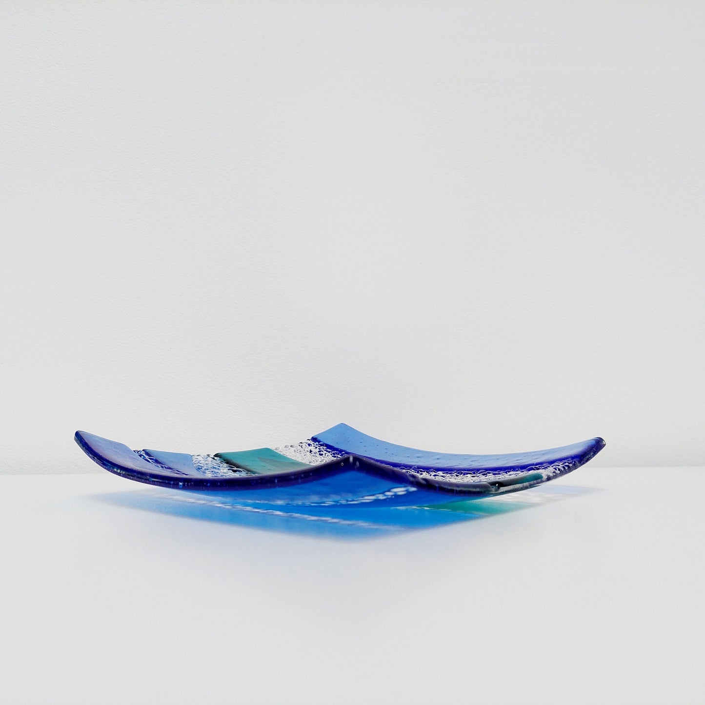 Artisan Teal and Blue Plate, Handmade Textured Fused Glass Art Plate, Teal and Iridescent Sky Blue Decorative Tray, Coffee Table Centrepiece