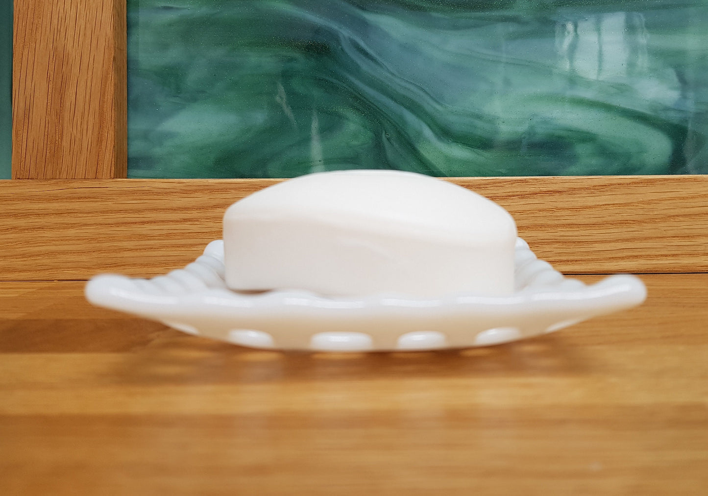 Handmade White Glass Soap Dish with Holes, Monochrome Bathroom Decor