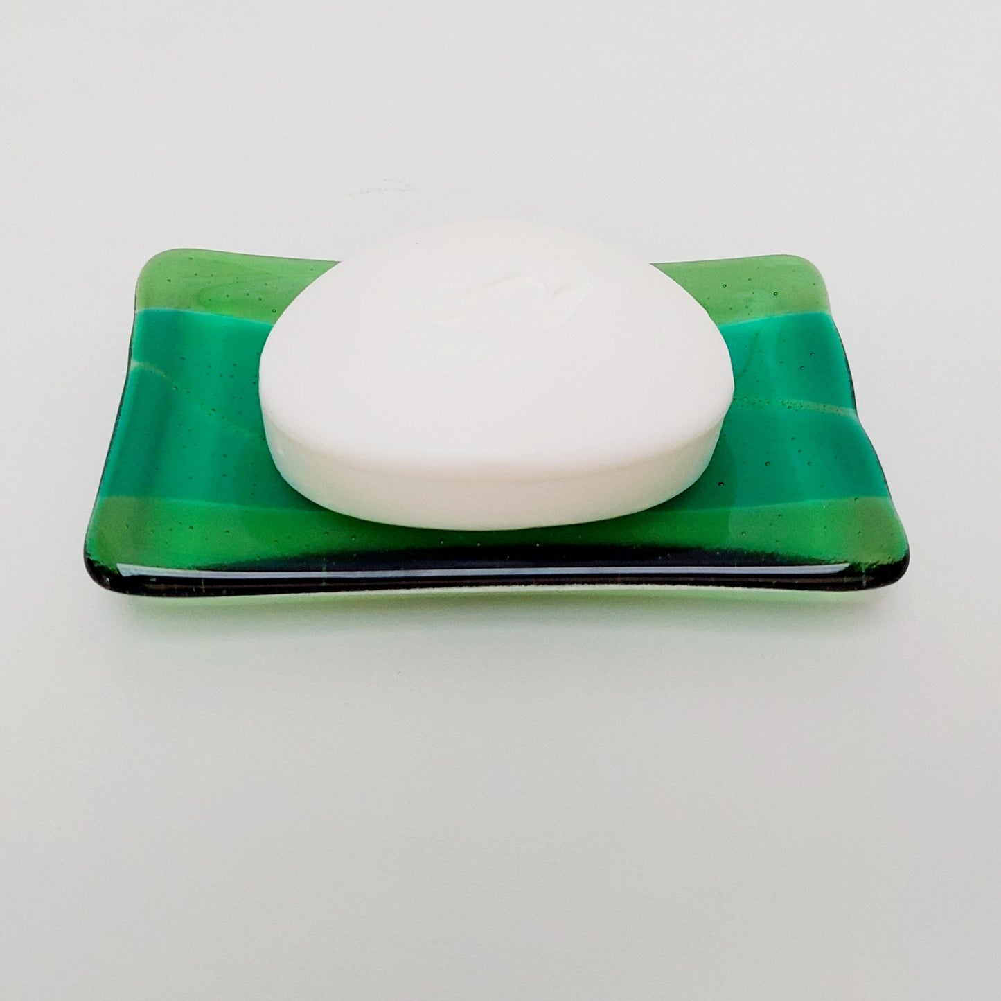 Green Glass Art Soap Dish, Handmade Emerald and Light Green Soap Tray