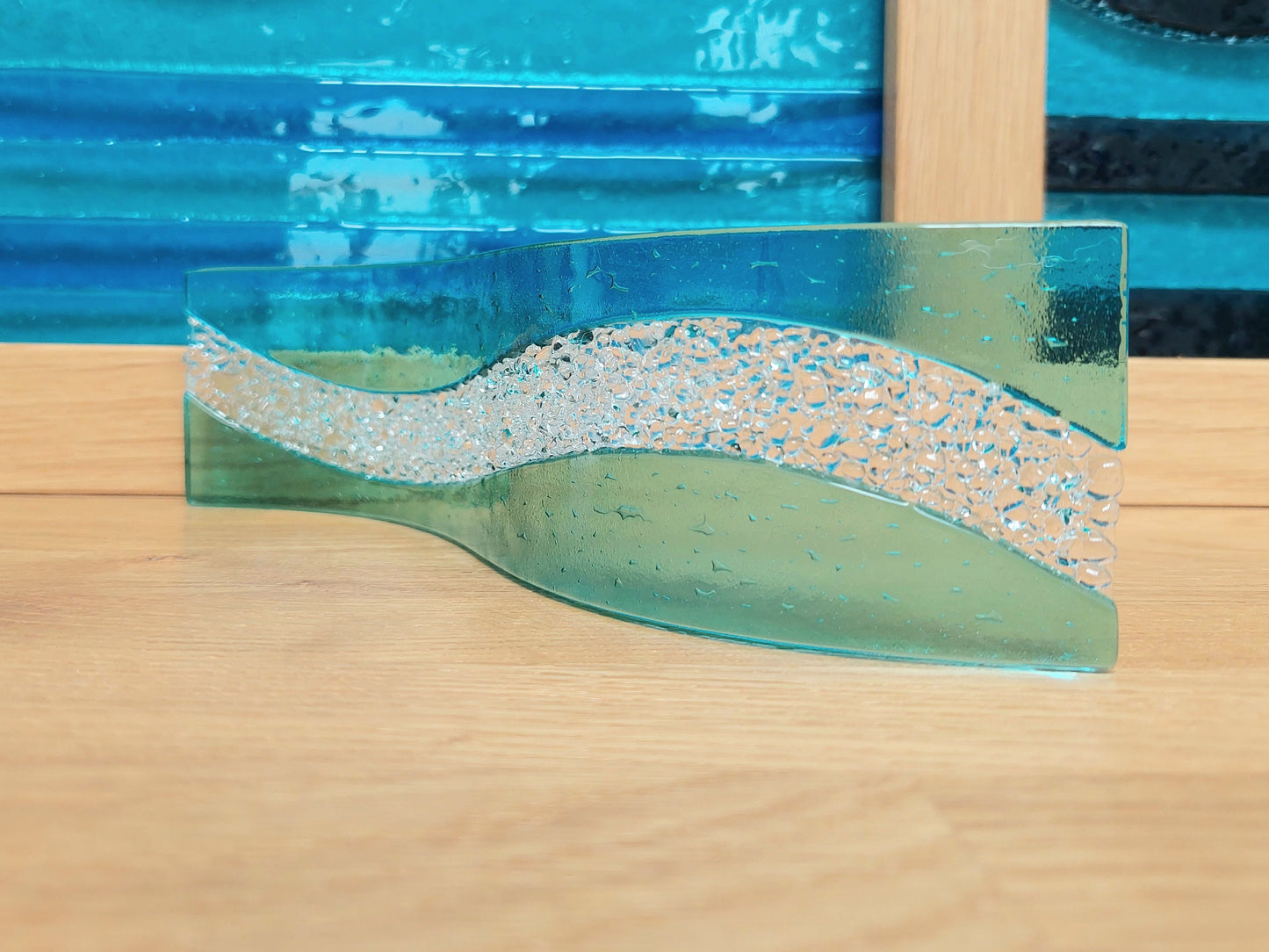 Abstract Aqua Glass Art Wave, Handmade Sea Green Fused Glass Ornament, Minimalist Freestanding Suncatcher, Contemporary Aqua Bathroom Décor