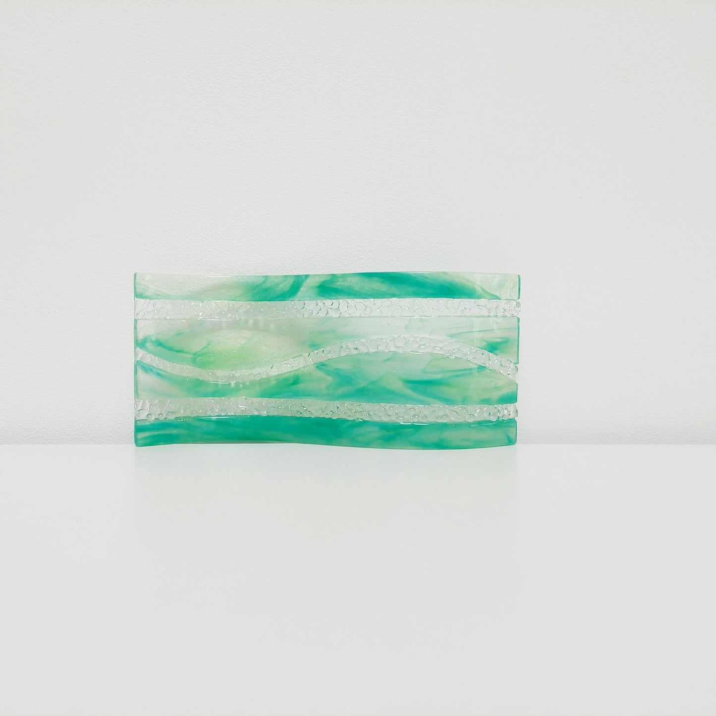 Rydal Water Glass Art Wave, Large Handmade Light Green Fused Glass Ornament, Unusual Mantlepiece Ornament, Natural Green Living Room Décor