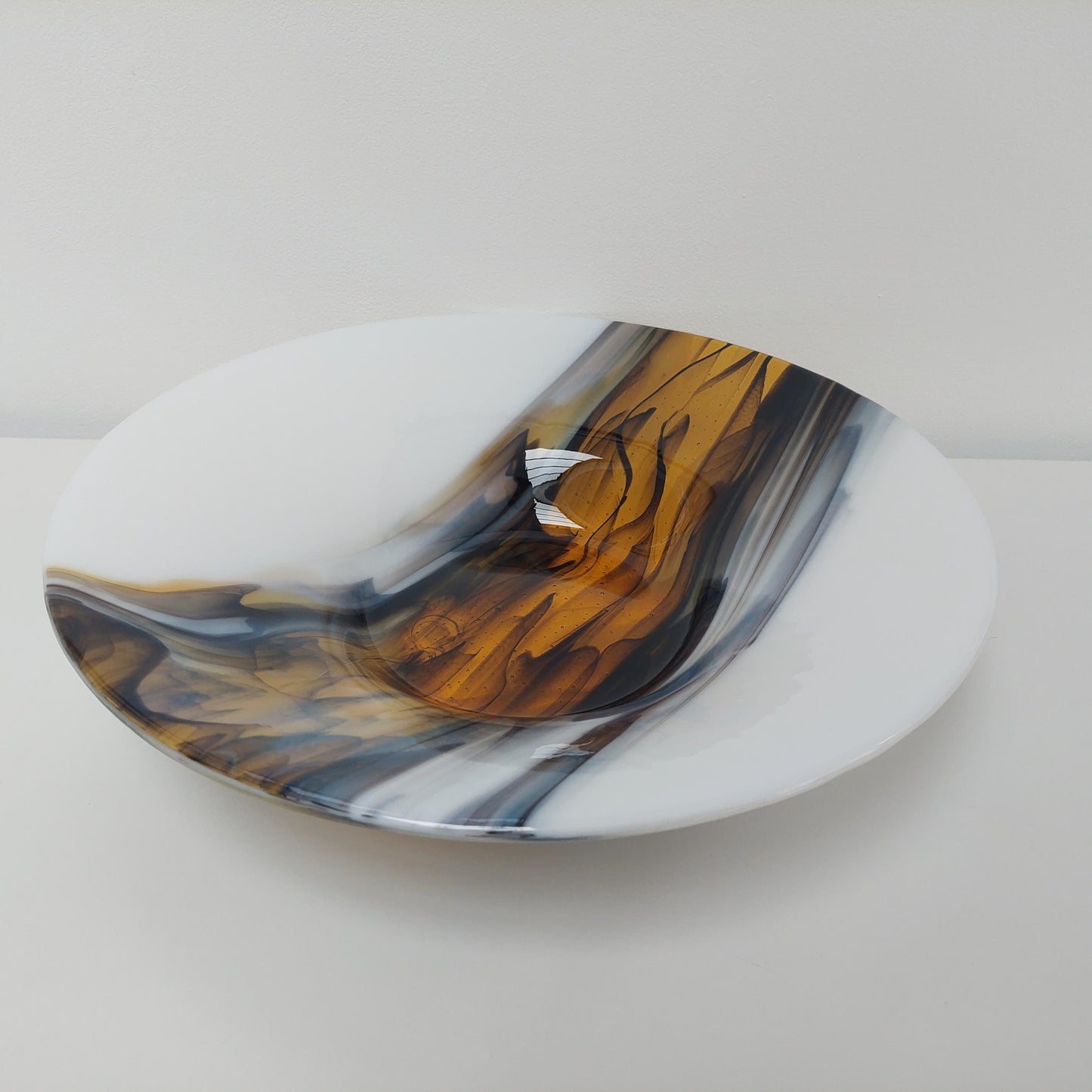 Golden Cascade Glass Art Bowl, Large Handcrafted White Kiln Formed Bowl with an Abstract Gold and Black Design, Artisanal Wedding Gift