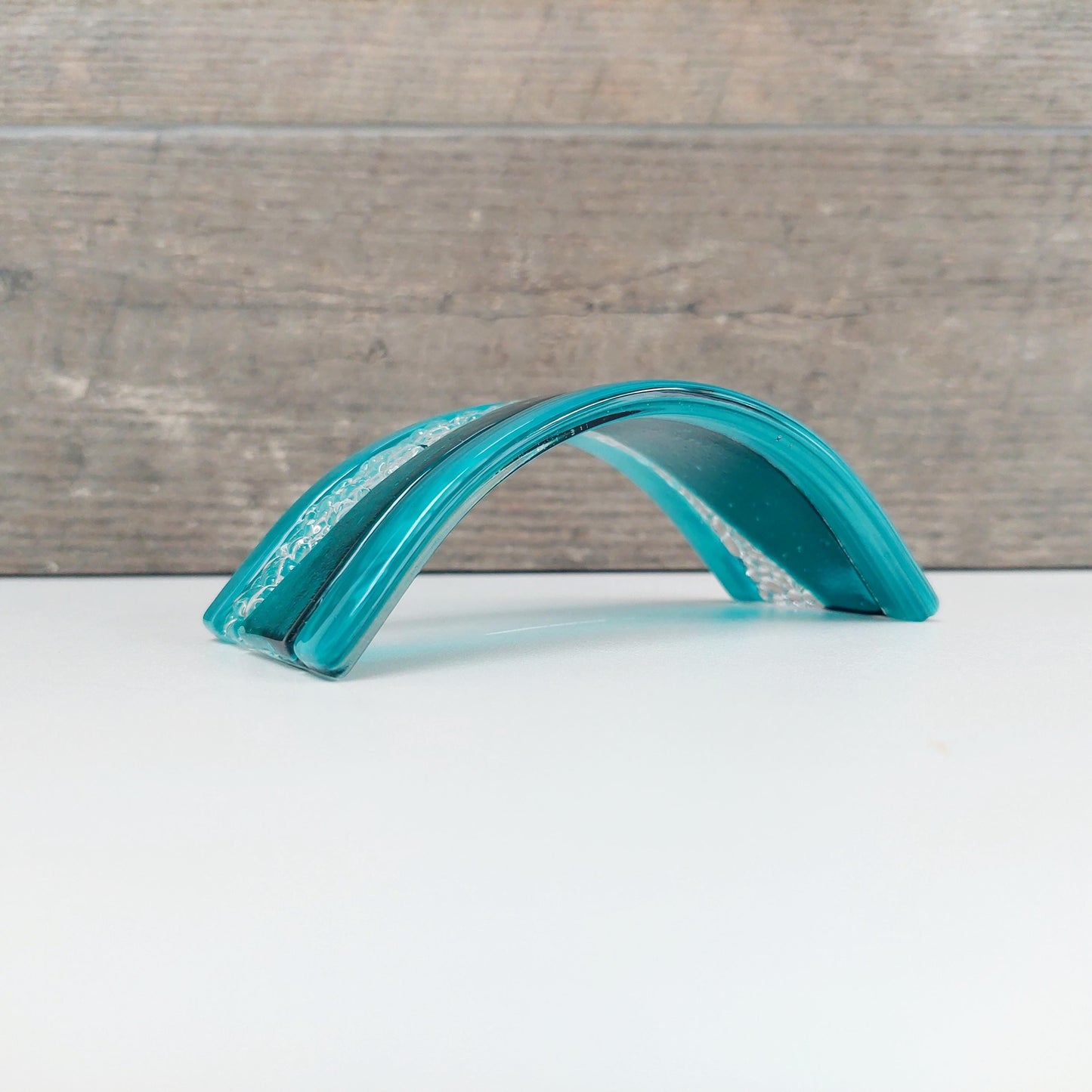 Artisan Teal Fused Glass Curve, Handmade Teal Glass Art Mantlepiece Ornament, Teal Living Room Décor, Freestanding Teal Glass Candle Screen