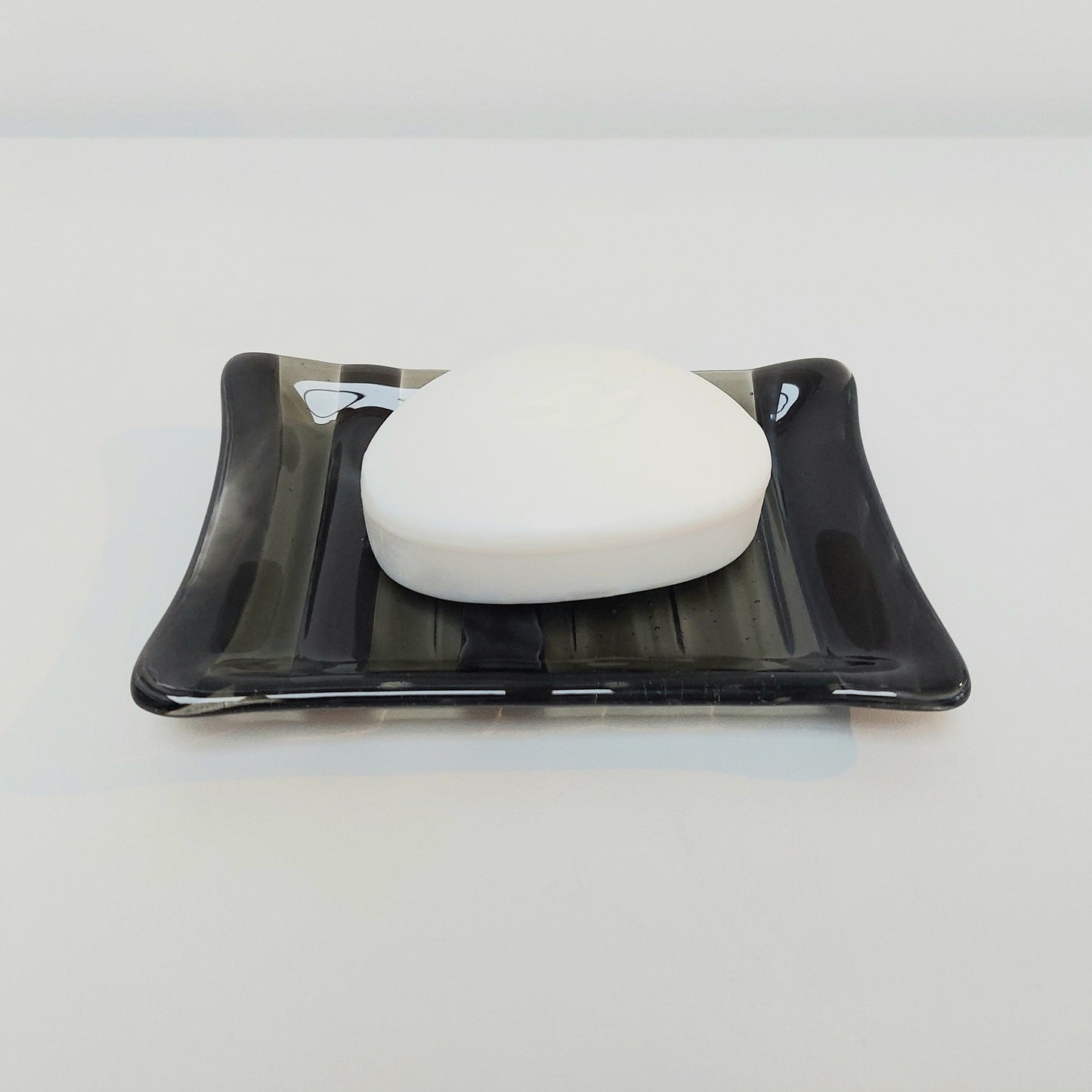Handmade Grey Glass Soap Dish with Ridges