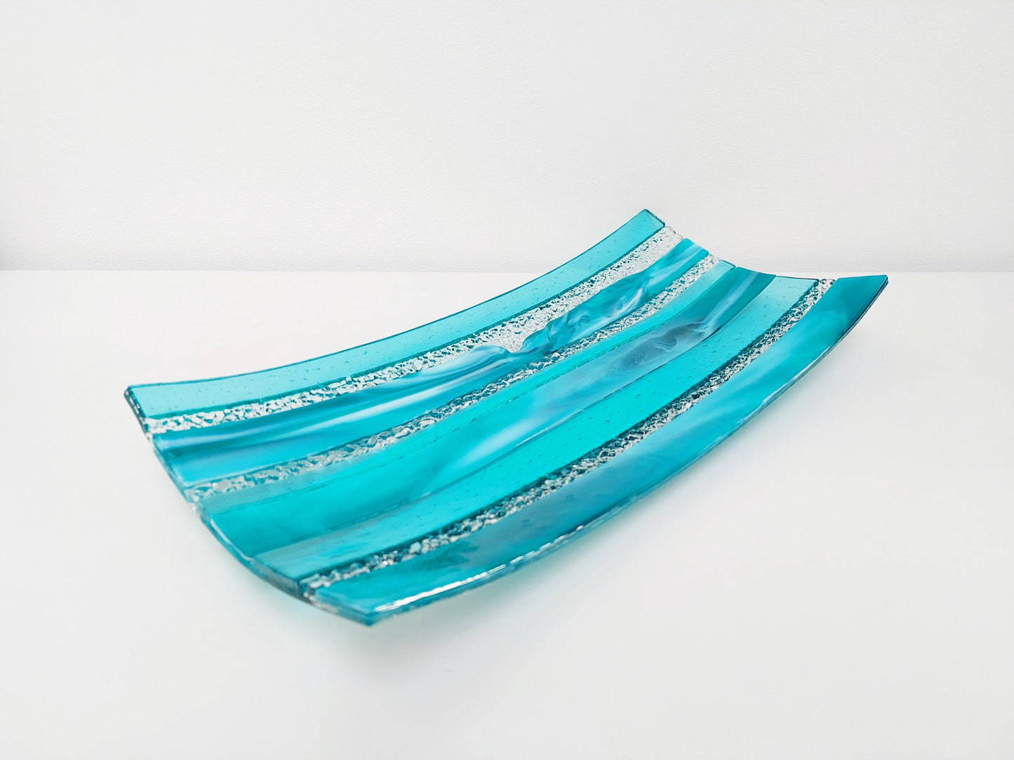 Large Teal Glass Art Plate, Handmade Teal and Aqua Fused Glass Decorative Tray, Teal Living Room Décor, Artisanal Coffee Table Centrepiece