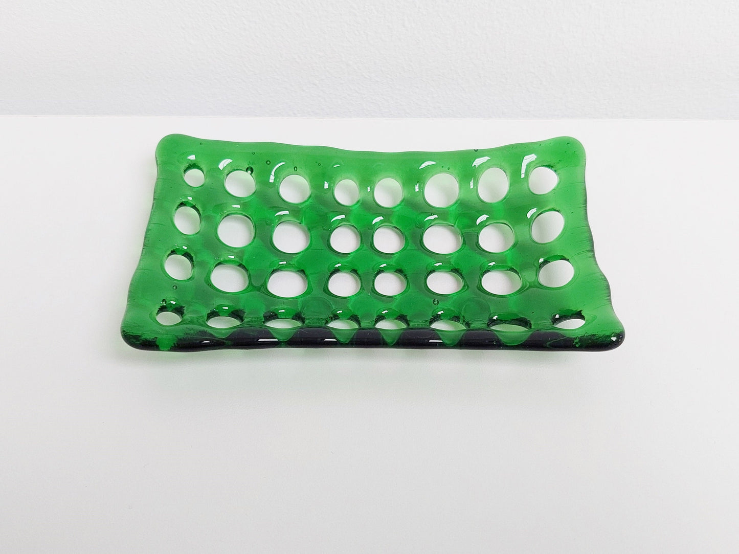 Rectangular Green Glass Soap Dish with Holes, Light Green Bathroom Decor