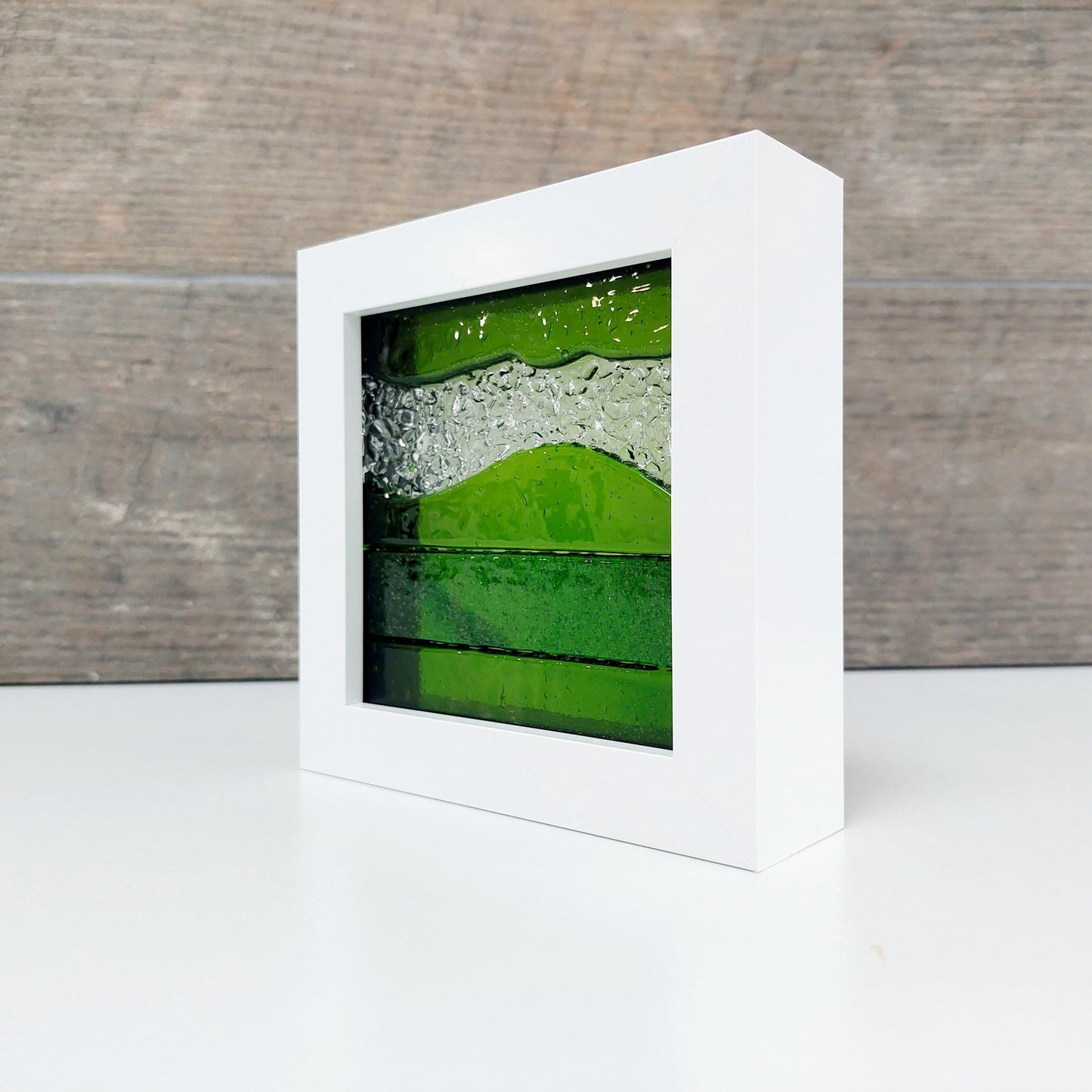 Artisan Green Glass Art Picture, Small Lime and Aventurine Green Fused Glass Framed Picture, Mantlepiece Picture, Green Living Room Décor