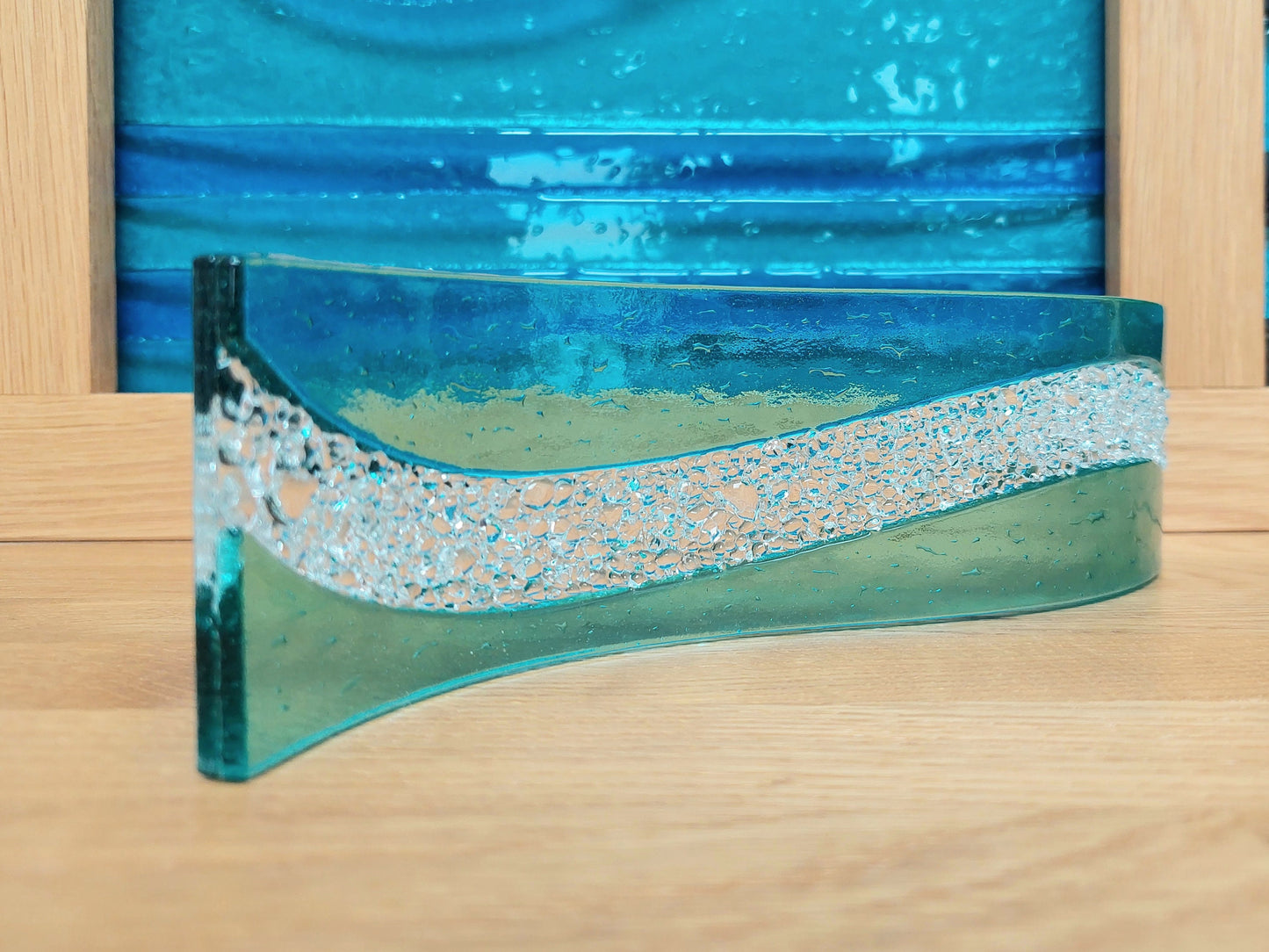 Abstract Aqua Glass Art Wave, Handmade Sea Green Fused Glass Ornament, Minimalist Freestanding Suncatcher, Contemporary Aqua Bathroom Décor