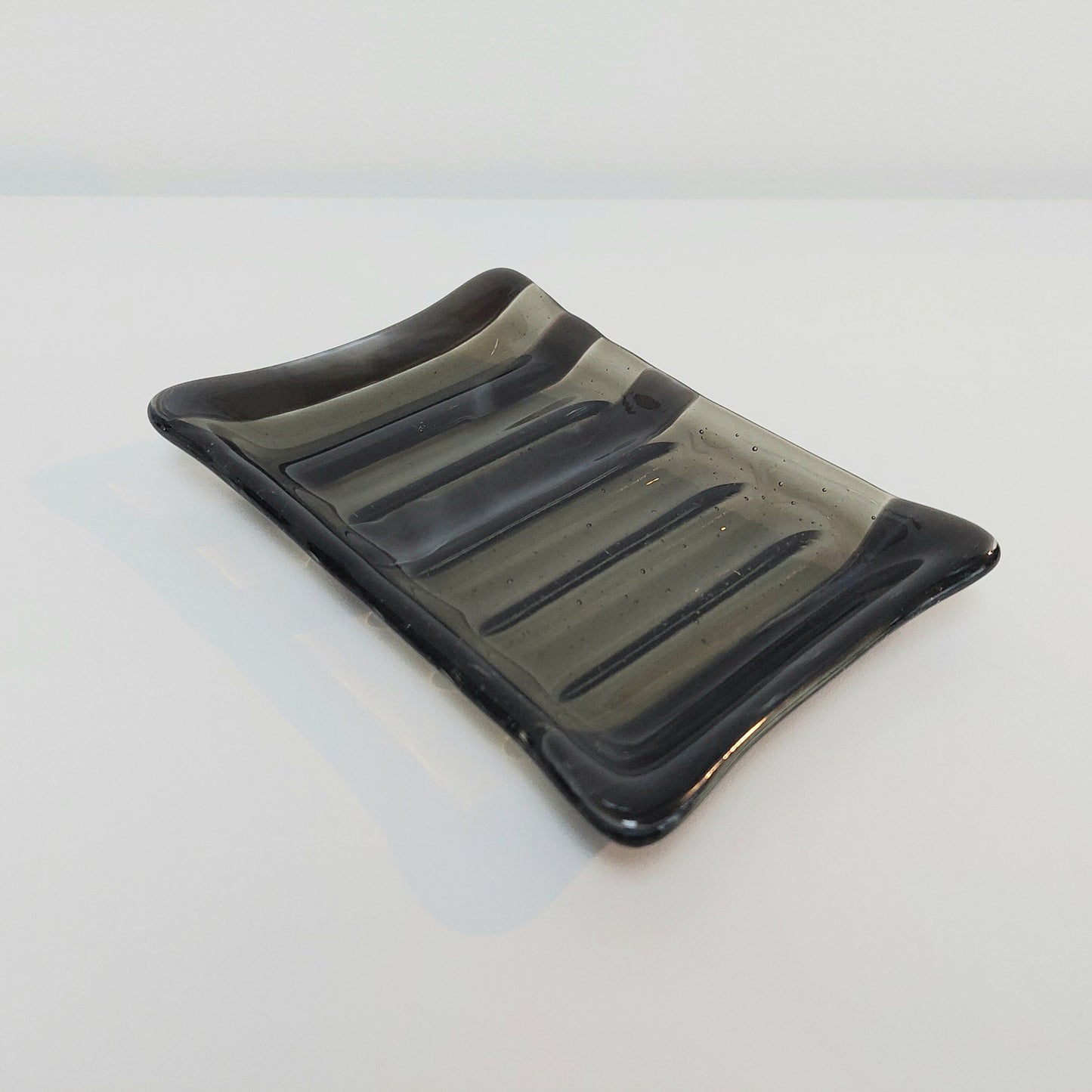 Handmade Grey Glass Soap Dish with Ridges