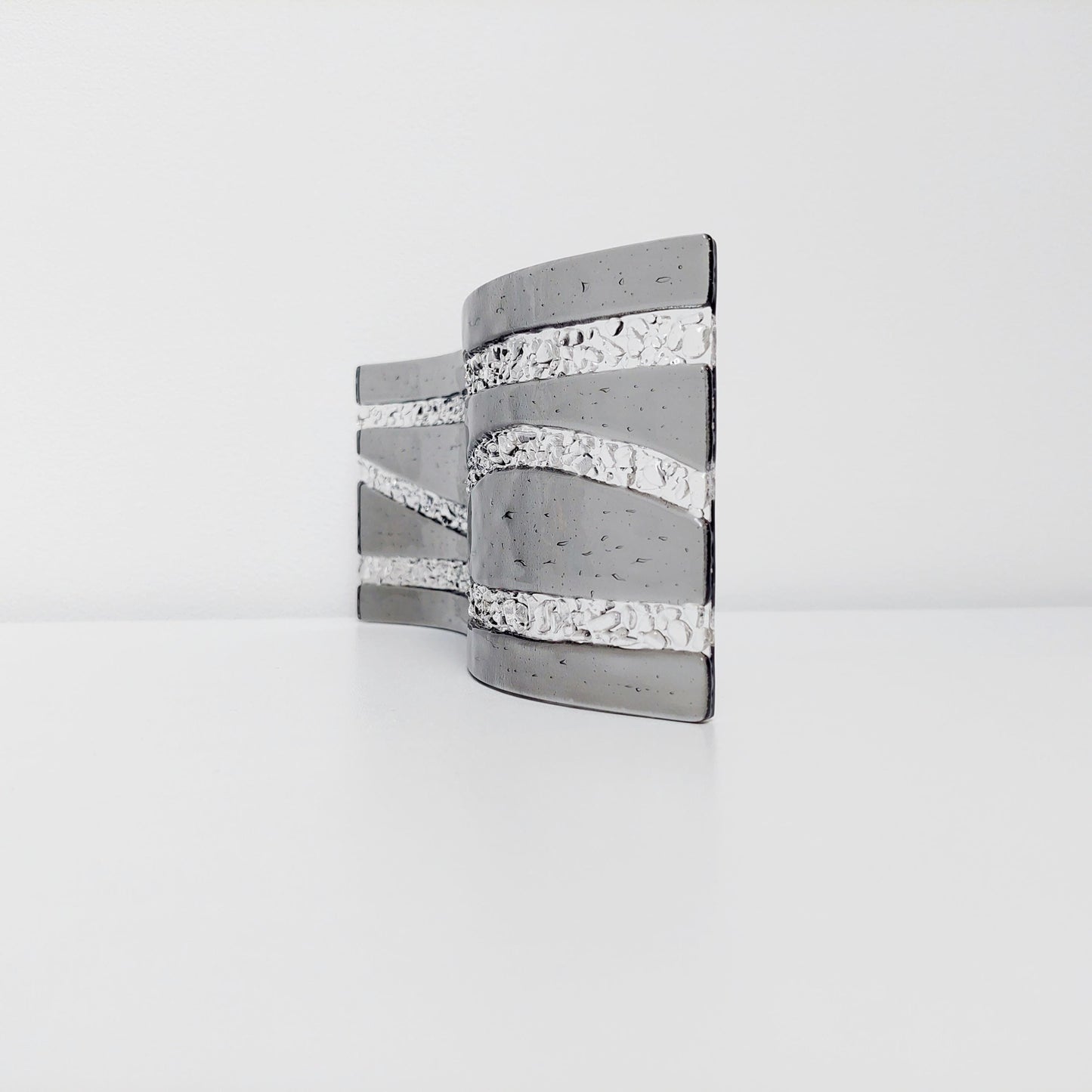 Silver Grey Glass Art Wave, Monochrome Mantlepiece Ornament
