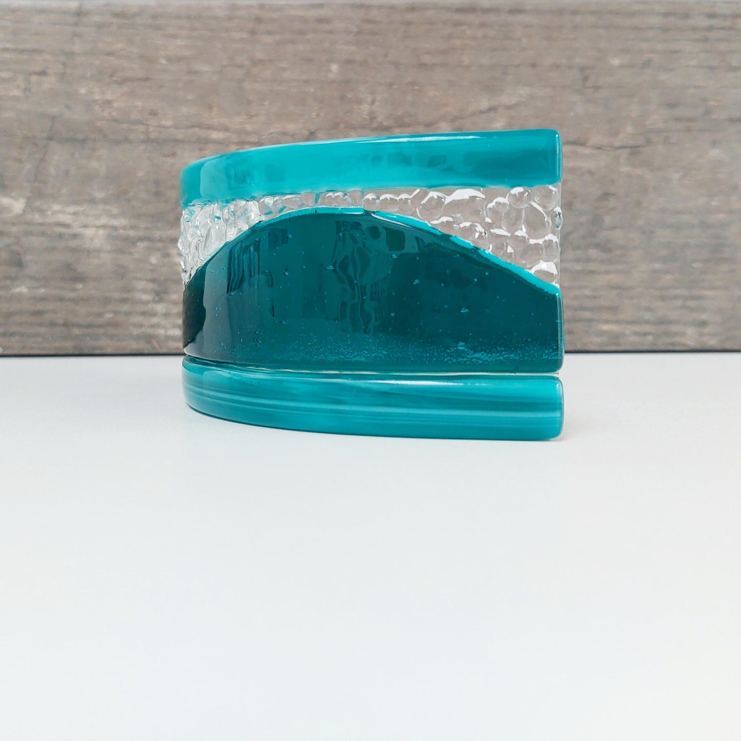 Artisan Teal Fused Glass Curve, Handmade Teal Glass Art Mantlepiece Ornament, Teal Living Room Décor, Freestanding Teal Glass Candle Screen