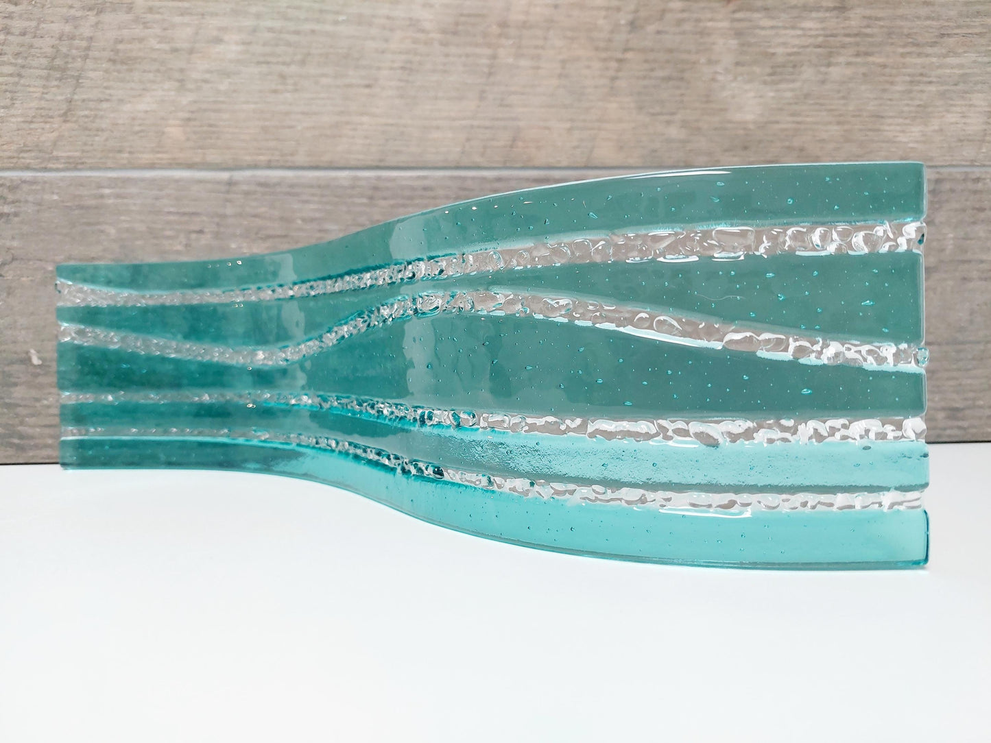 Large Abstract Aqua Glass Wave, Handmade Fused Glass Mantlepiece Ornament, Living Room Statement Piece, Aquamarine Décor, Beach House Décor