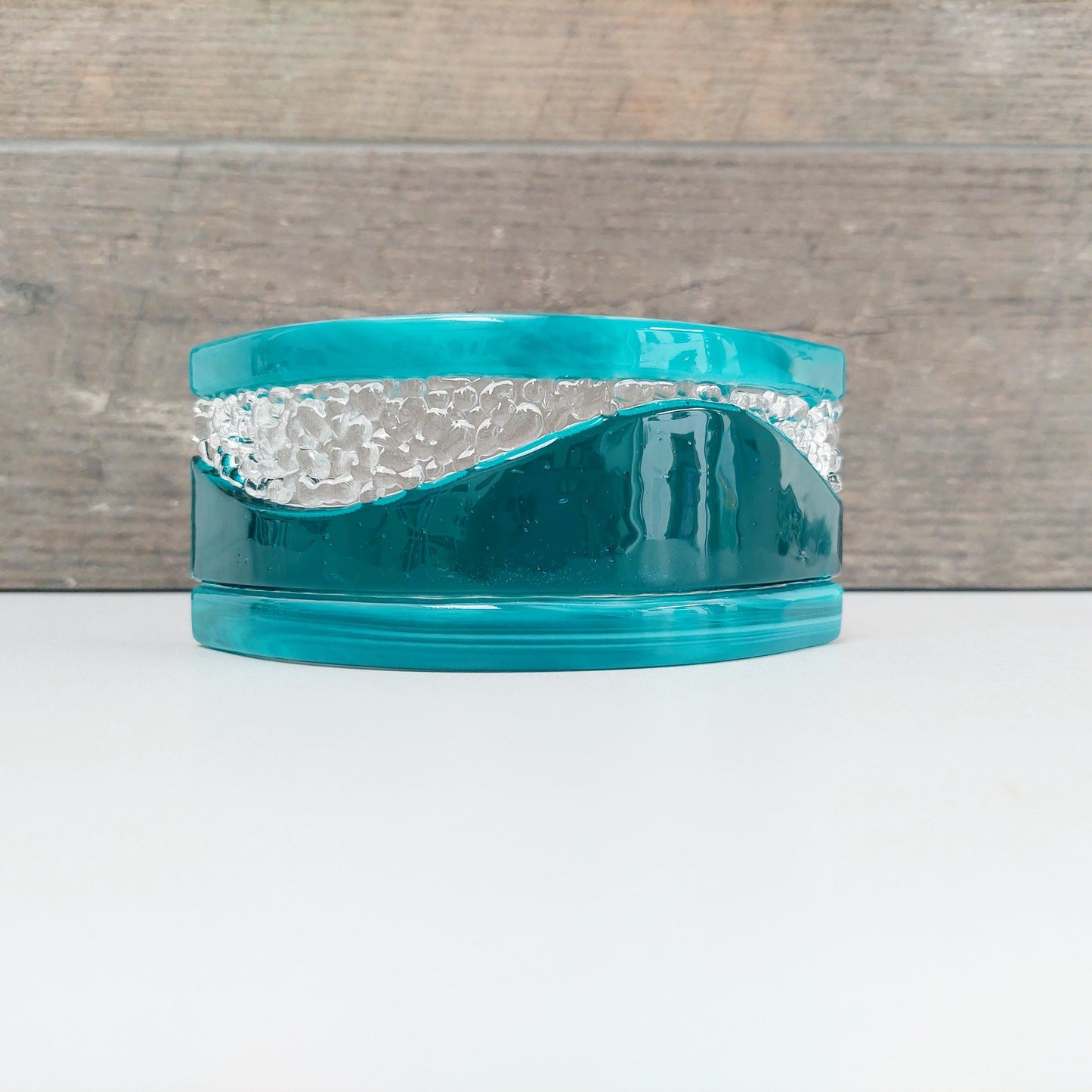 Artisan Teal Fused Glass Curve, Handmade Teal Glass Art Mantlepiece Ornament, Teal Living Room Décor, Freestanding Teal Glass Candle Screen