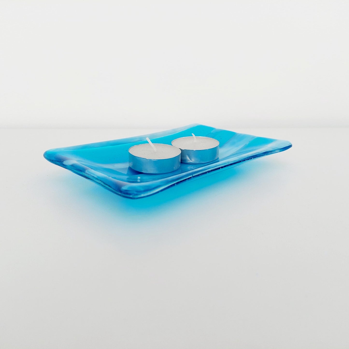 Winter in the Lakes Glass Art Trinket Dish, Contemporary Turquoise and White Fused Glass Coffee Table Plate, Turquoise Living Room Décor