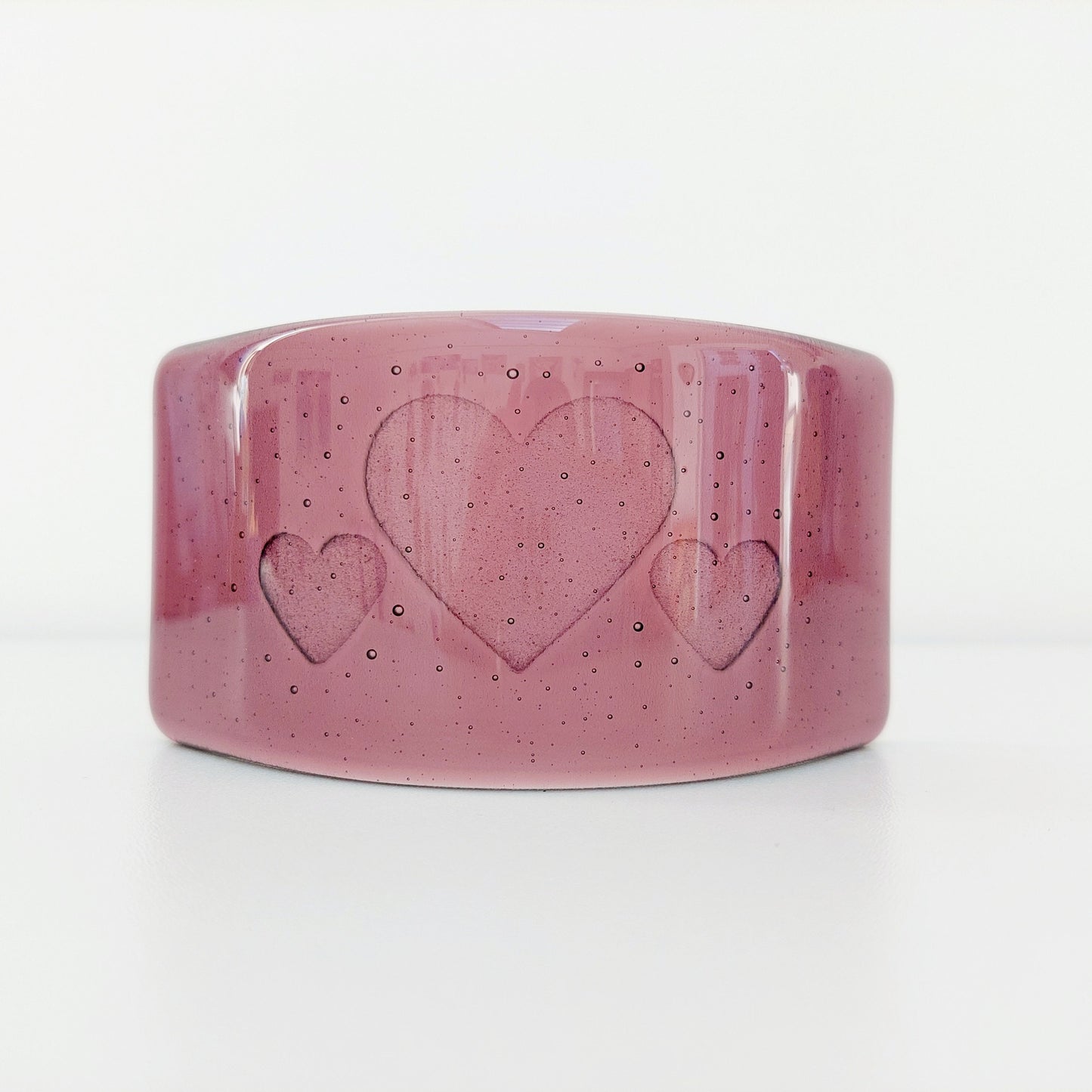 Plum Fused Glass Curve with a Trio of Kiln Carved Hearts, Purple Glass Art Ornament