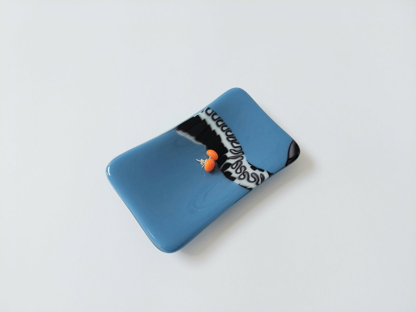 Slate Blue Glass Trinket Dish with a Black and White Graffiti Design, Unusual Fused Glass Art Bedside Table Dish, Blue Bedroom Décor