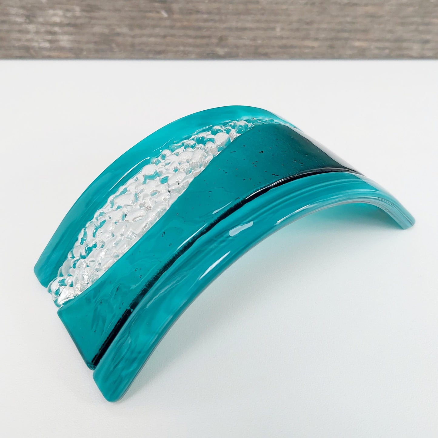 Artisan Teal Fused Glass Curve, Handmade Teal Glass Art Mantlepiece Ornament, Teal Living Room Décor, Freestanding Teal Glass Candle Screen
