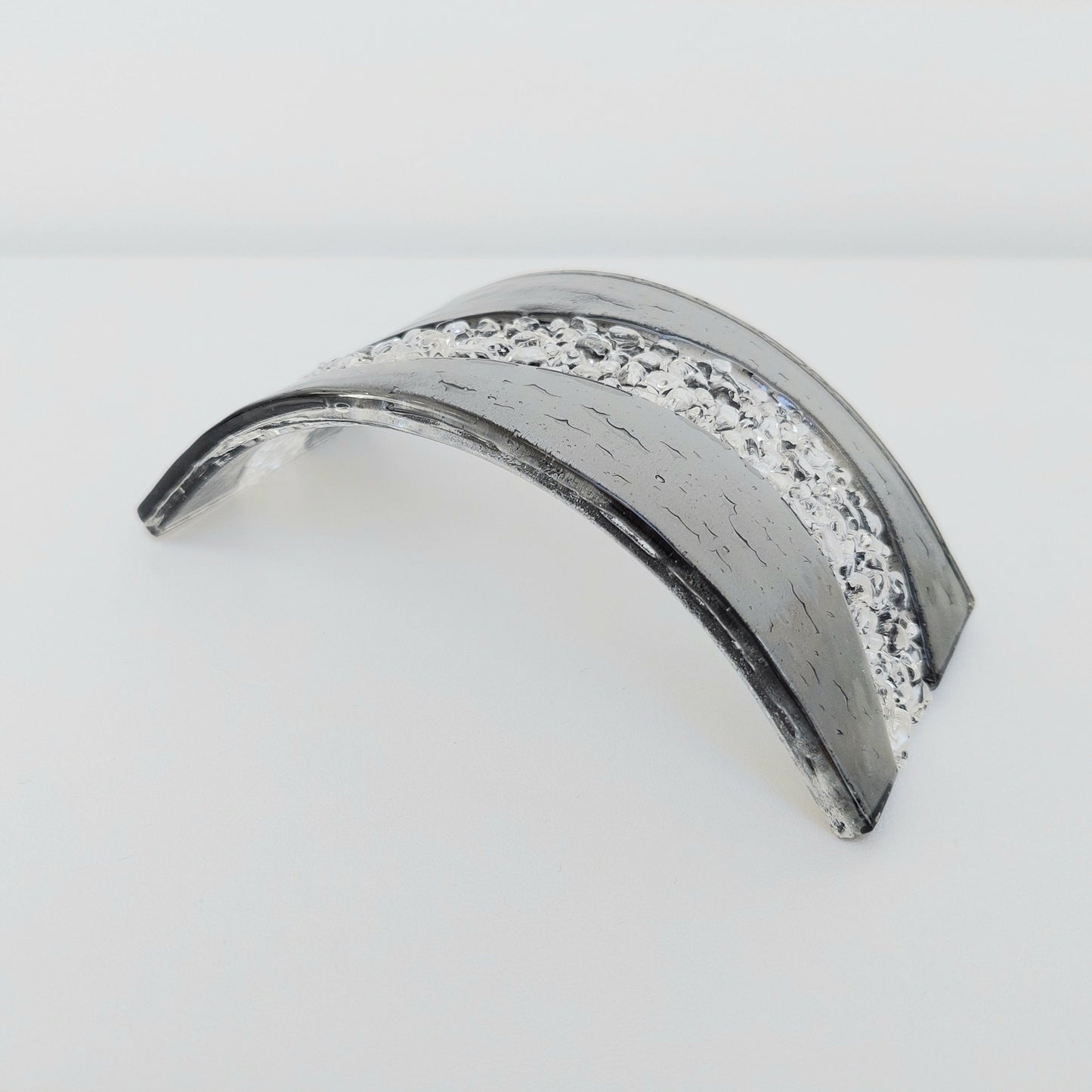 Silver Grey Glass Art Curve, Contemporary Handcrafted Mantlepiece Ornament, Artisanal Fused Glass Shelf Ornament, Grey Living Room Décor