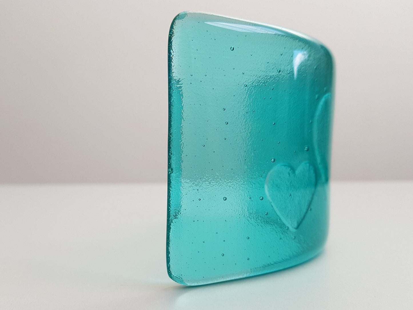 Aqua Glass Heart Ornament, Handmade Fused Glass Curve