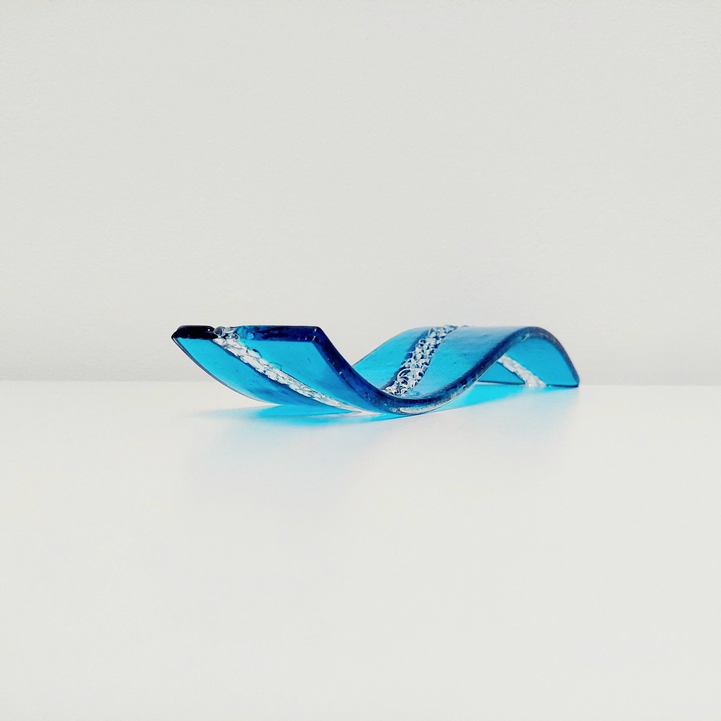 Abstract Turquoise Glass Art Wave, Handmade Turquoise and Crystal Clear Fused Glass Ornament, Minimalist Turquoise Décor, Beach House Décor
