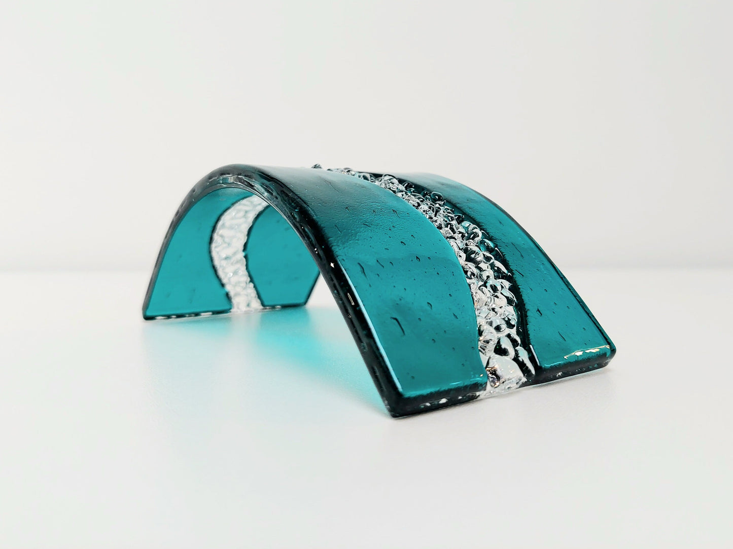 Abstract Teal Glass Art Curve, Handmade Fused Glass Ornament, Contemporary Home Decor, Freestanding Teal Glass Art Suncatcher, Candle Screen