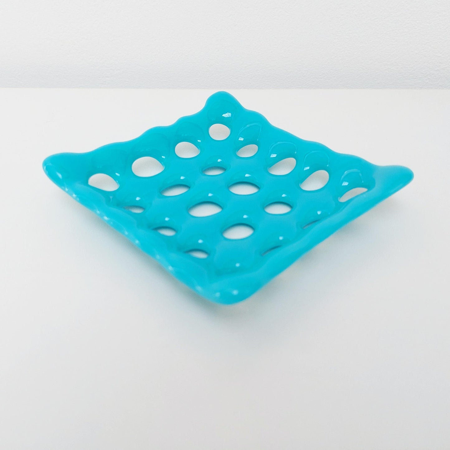 Pastel Turquoise Glass Soap Dish with Holes, Small Handcrafted Organic Fused Glass Art Tray, Unusual Candle Stand, Turquoise Bathroom Décor