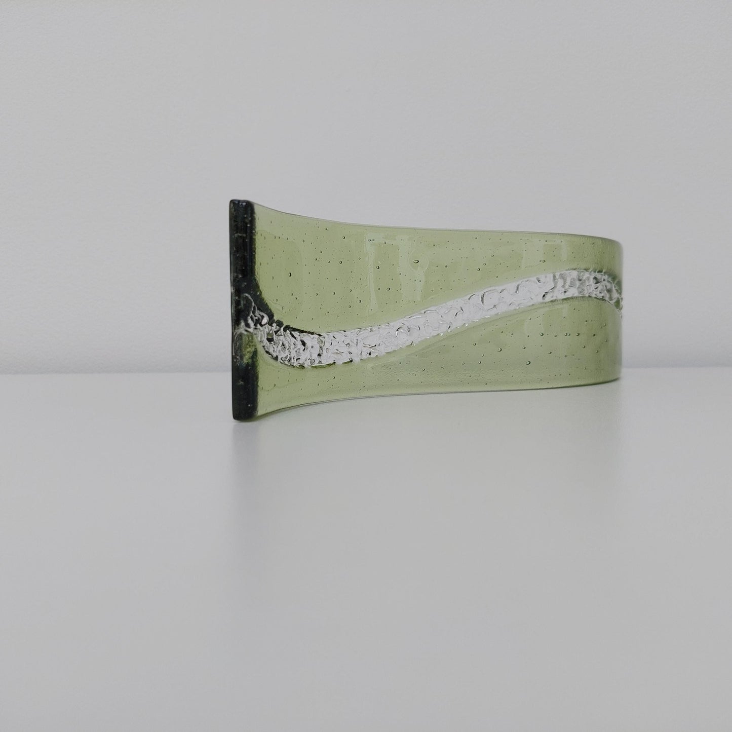 Fern Green Glass Art Wave, Handmade Natural Green Fused Glass Shelf Ornament with Crushed Crystal Clear Glass Accents, Natural Green Décor