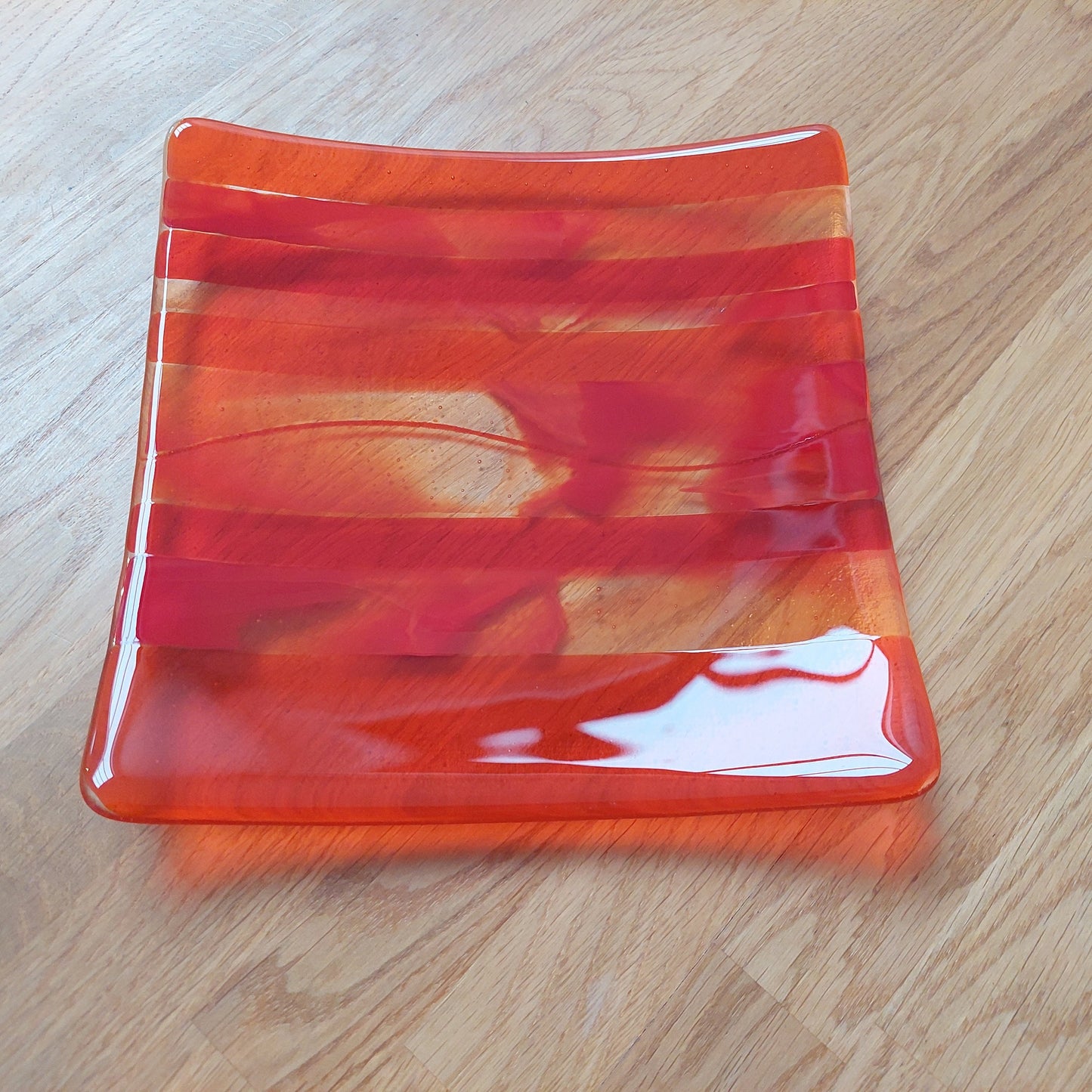 Orange and Red Glass Art Plate, Handmade Fused Glass Decorative Plate