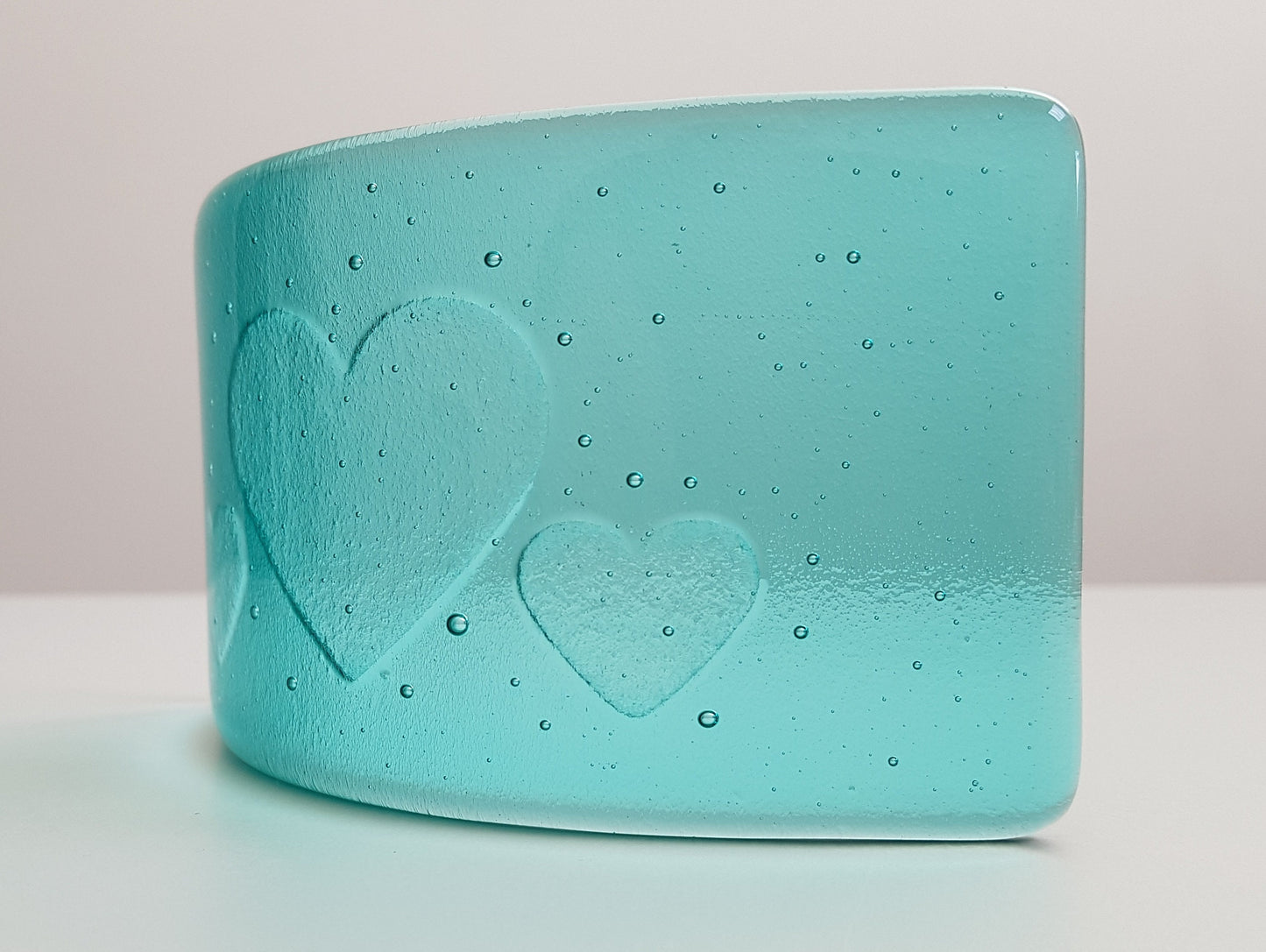 Aqua Glass Heart Ornament, Handmade Fused Glass Curve