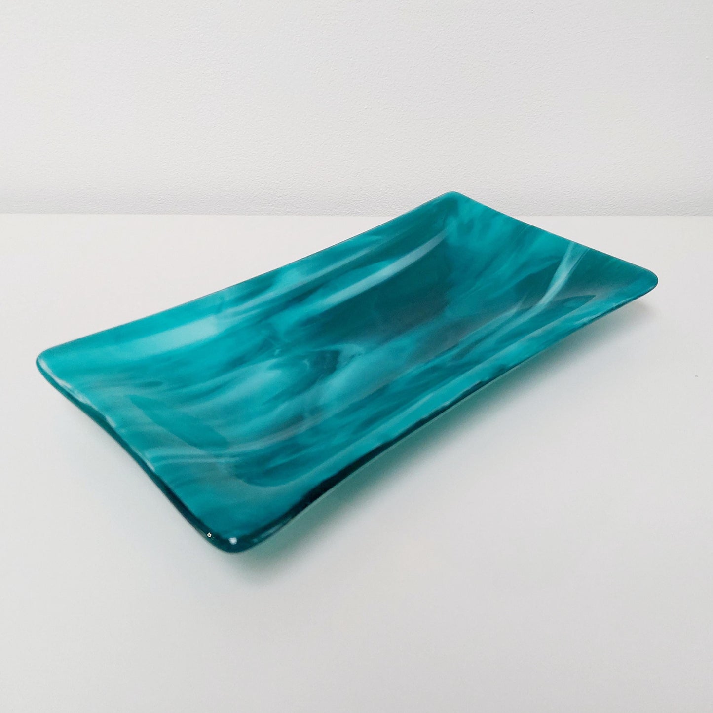 Handmade Teal Fused Glass Platter, Coffee Table Trinket Dish