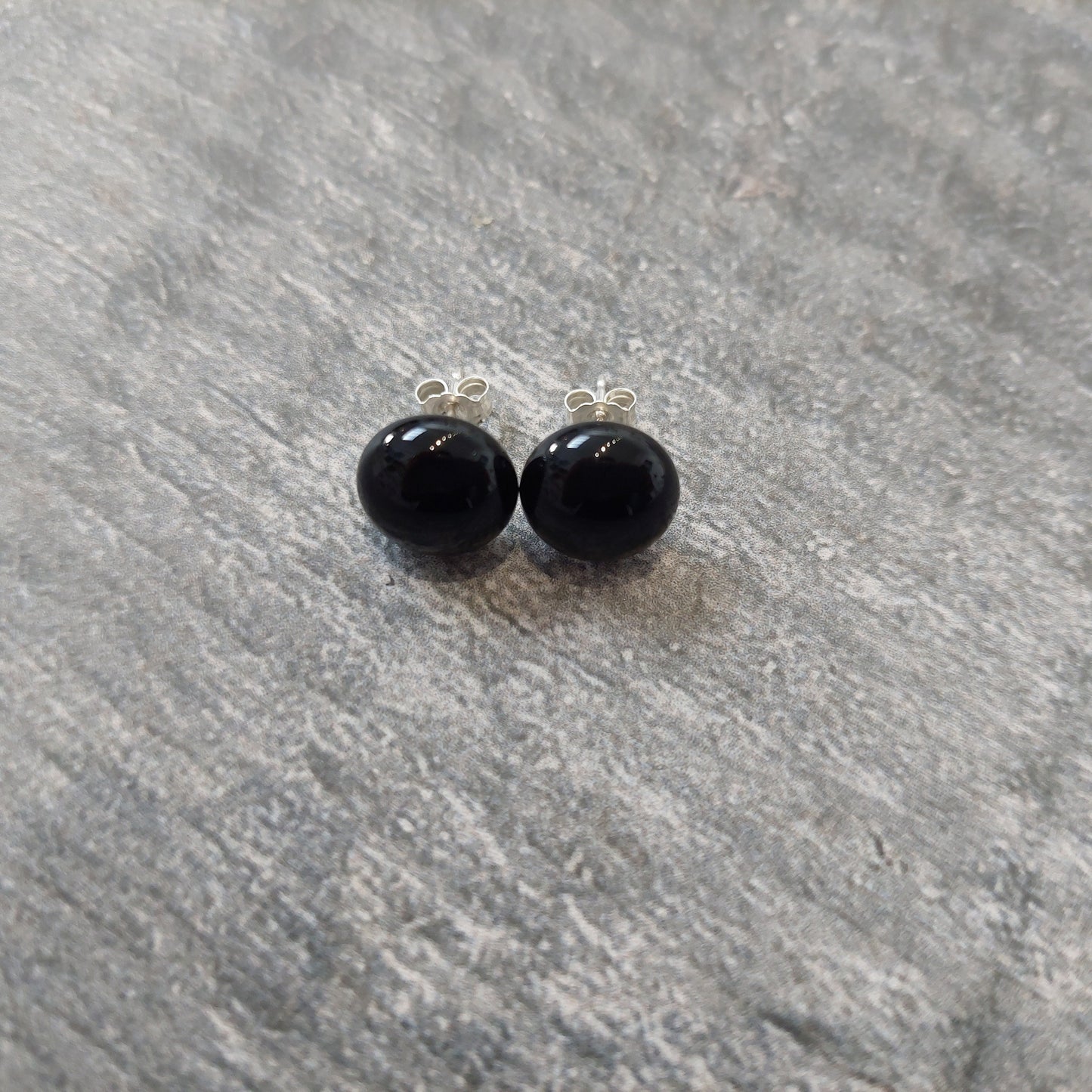 Minimalist Black Glass Stud Earrings, Handmade Fused Glass Studs with Sterling Silver Posts and Butterflies, Small Monochromatic Earrings