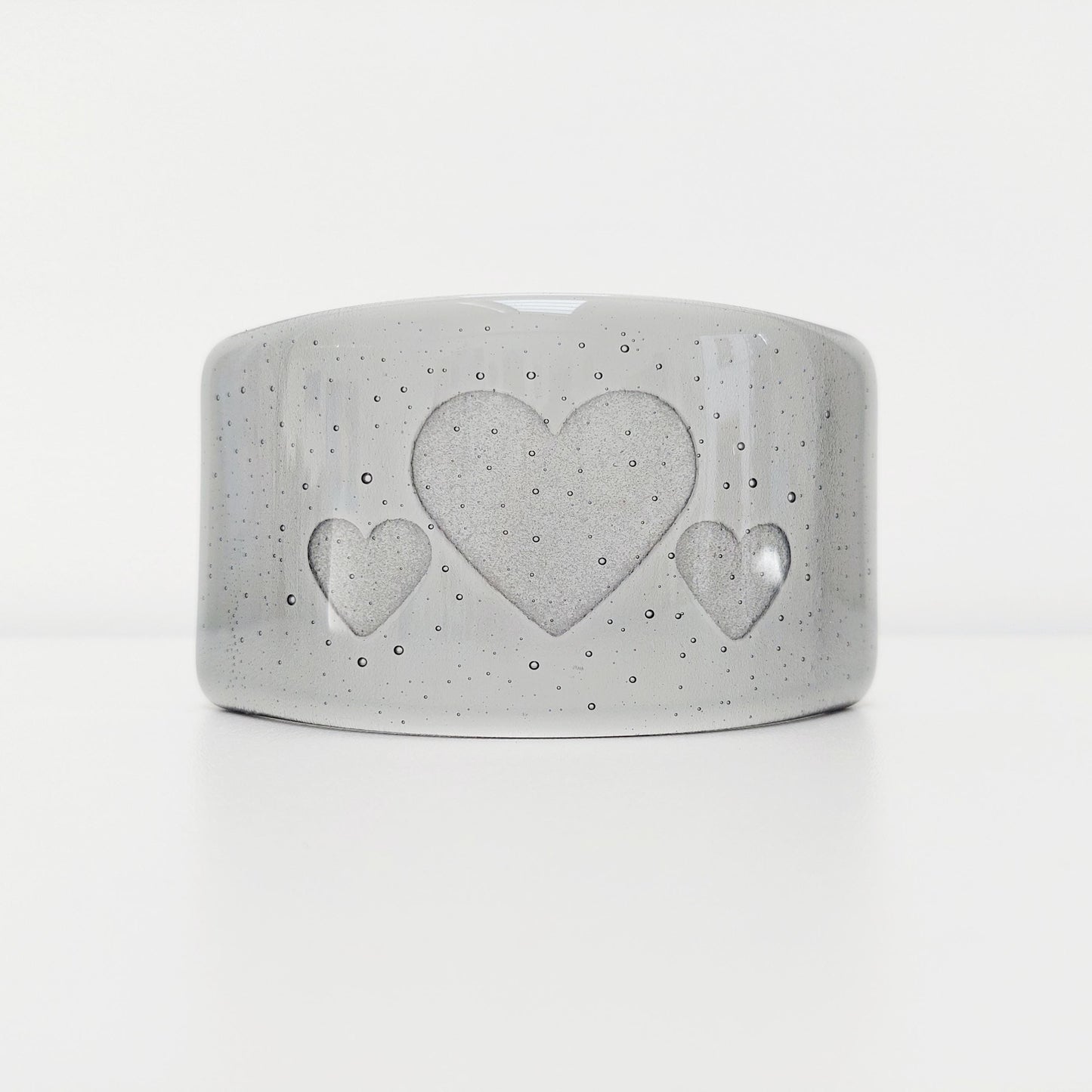 Silver Grey Glass Heart Curve, Handmade Fused Glass Art Ornament with a Trio of Kiln Carved Hearts, Grey Décor, Love in the Lakes Collection