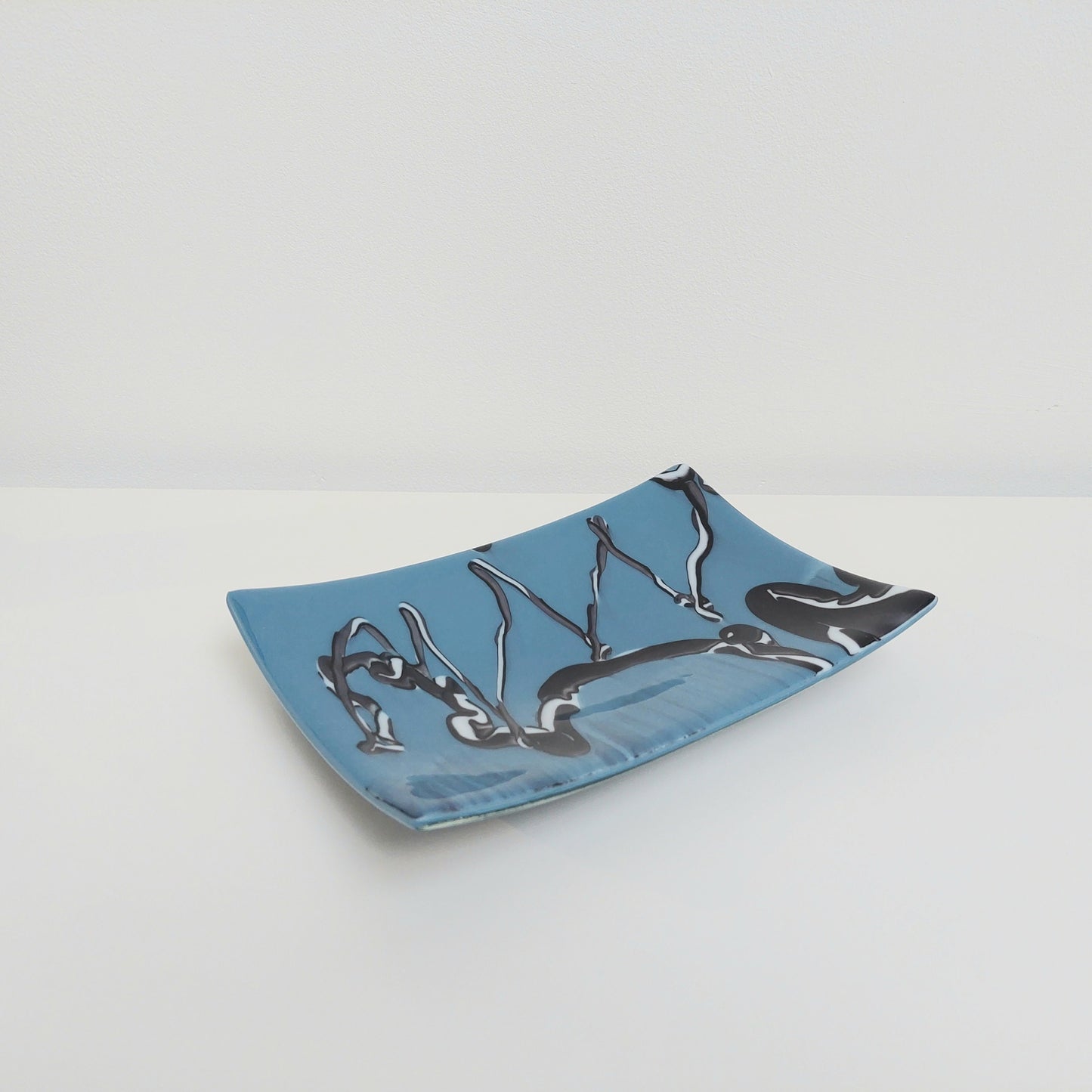 Graffiti Glass Art Plate, Unusual Handcrafted Slate Blue Fused Glass Plate with Black and White Abstract Design, Coffee Table Centrepiece
