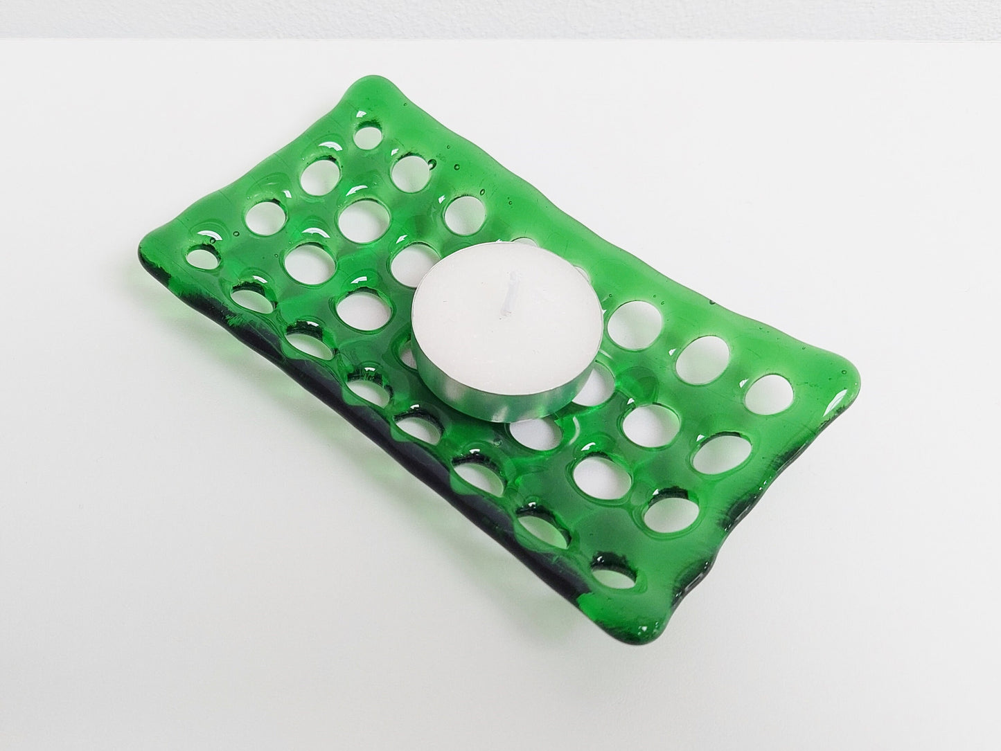 Rectangular Green Glass Soap Dish with Holes, Light Green Bathroom Decor