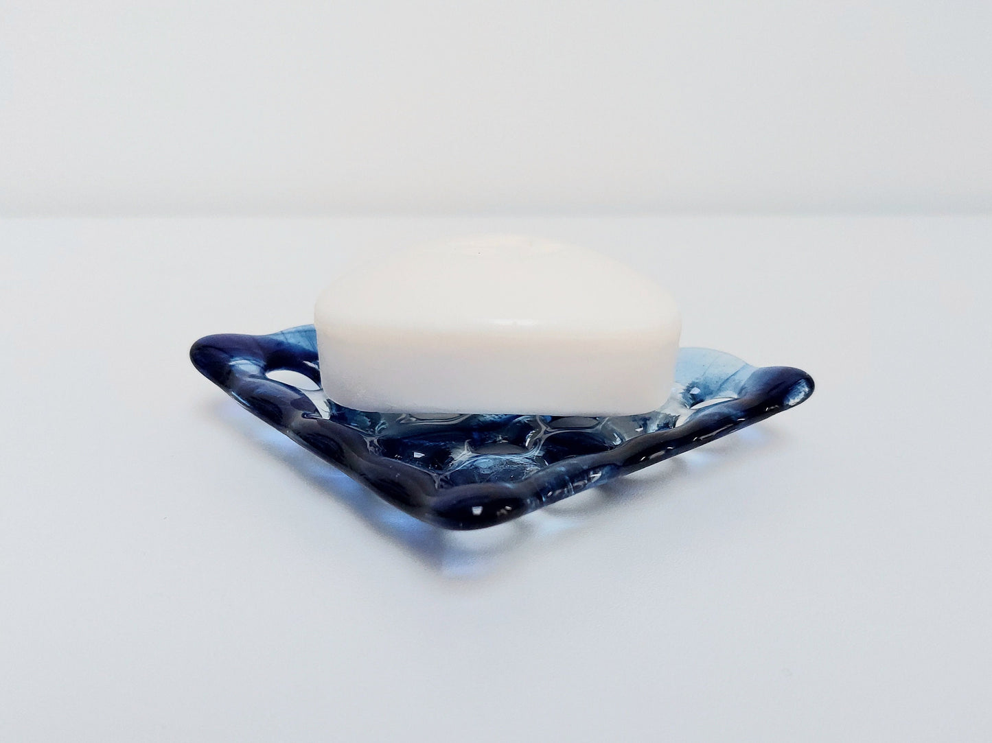 Coniston Water Glass Art Soap Dish with Holes, Handcrafted Dark Aventurine Blue and Crystal Clear Fused Glass Soap Tray, Blue Bathroom Décor
