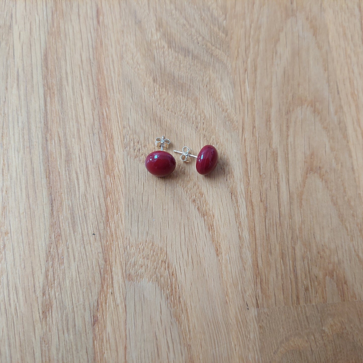 Dark Red Fused Glass Stud Earrings with Sterling Silver Posts and Butterfly Closures, Handmade Minimalist Red Studs, Artisanal Red Studs