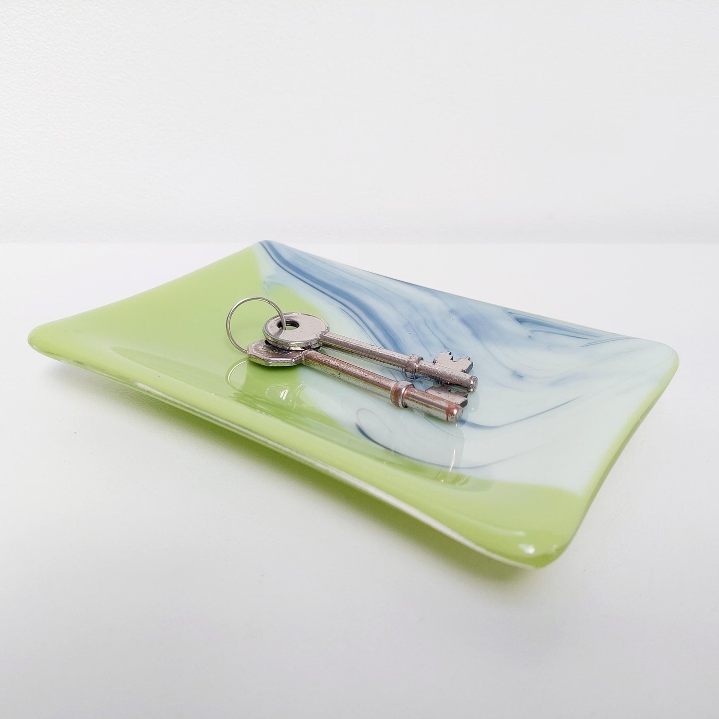Lime Graffiti Glass Trinket Dish, Handcrafted Green Fused Glass Art Dish with an Abstract Royal Blue and White Design, Lime Green Décor