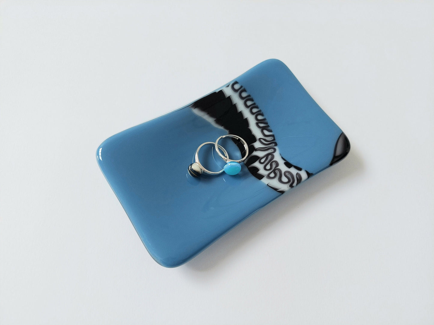Slate Blue Glass Trinket Dish with a Black and White Graffiti Design, Unusual Fused Glass Art Bedside Table Dish, Blue Bedroom Décor