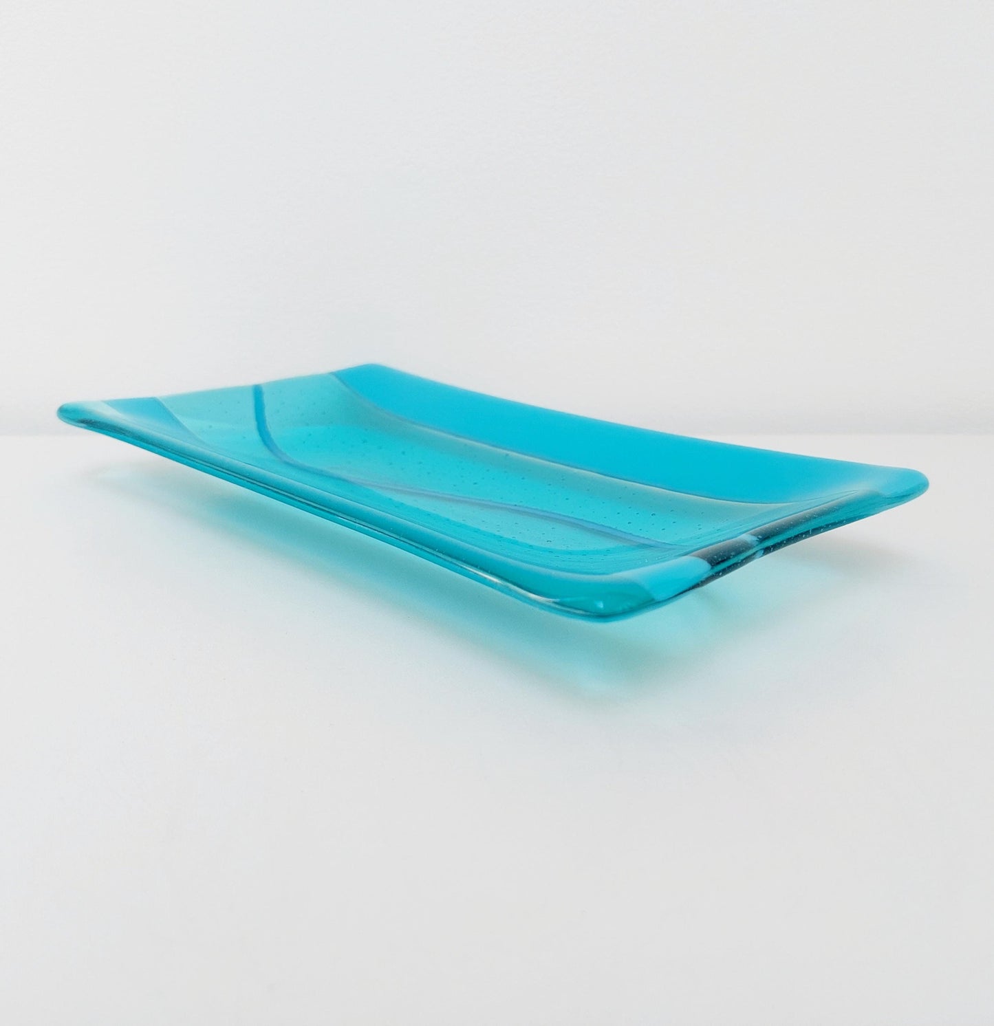 Aqua and Turquoise Glass Art Plate, Handmade Fused Glass Rectangular Platter, Contemporary Artisanal Coffee Table Trinket Dish, Aqua Décor