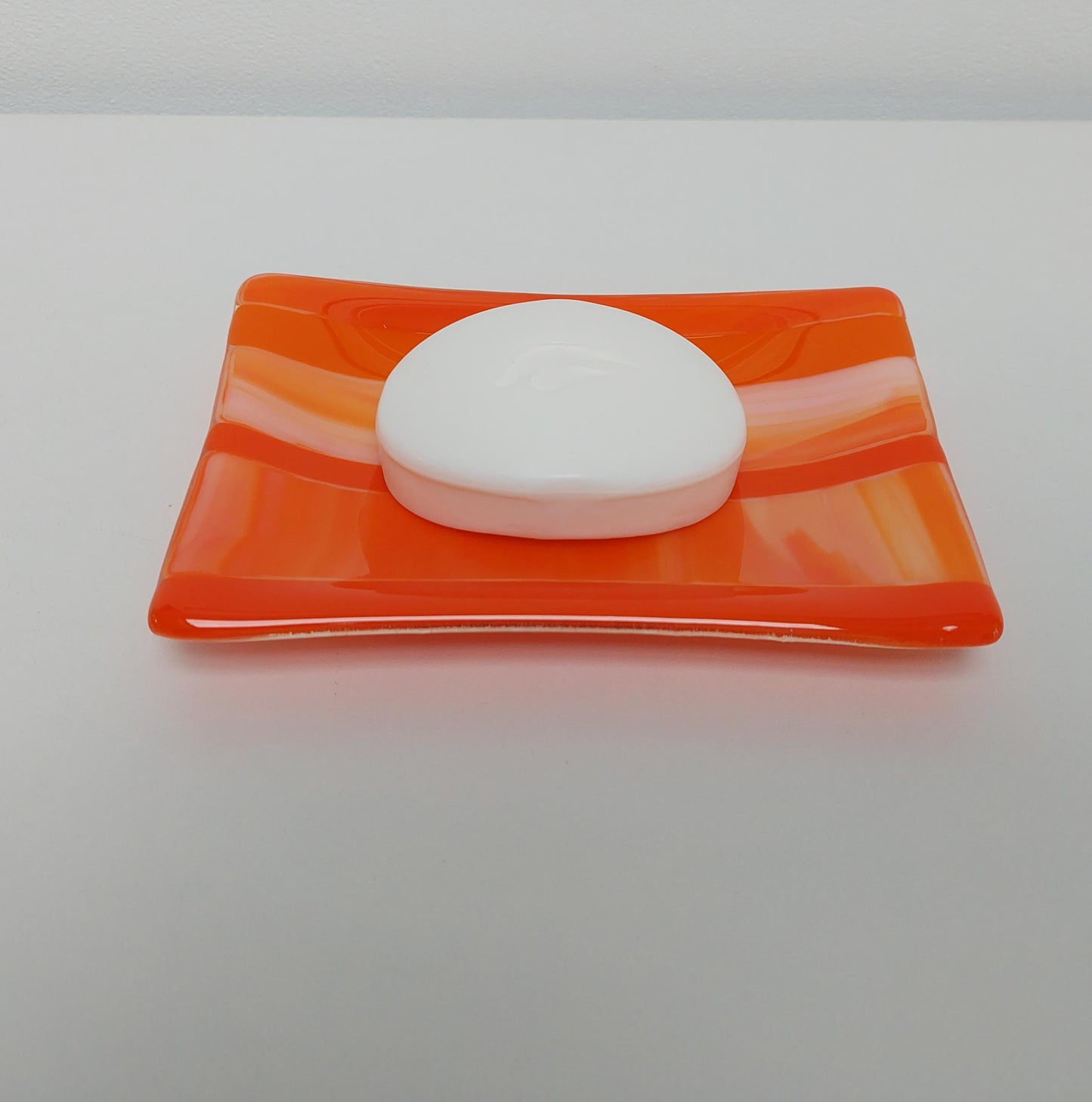 Artisanal Orange Glass Trinket Dish, Handmade Fused Glass Soap Tray, Orange Bathroom Décor, Contemporary Jewelry Tray, Orange Bedroom Décor
