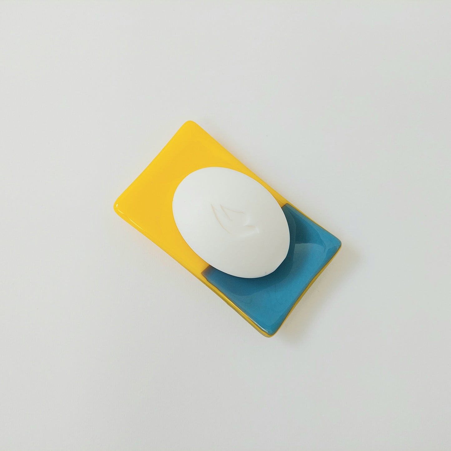 Daffodil Yellow and Cyan Blue Glass Art Soap Dish, Yellow Bathroom Décor, Blue Bathroom Décor, Unusual Artisanal Fused Glass Trinket Dish