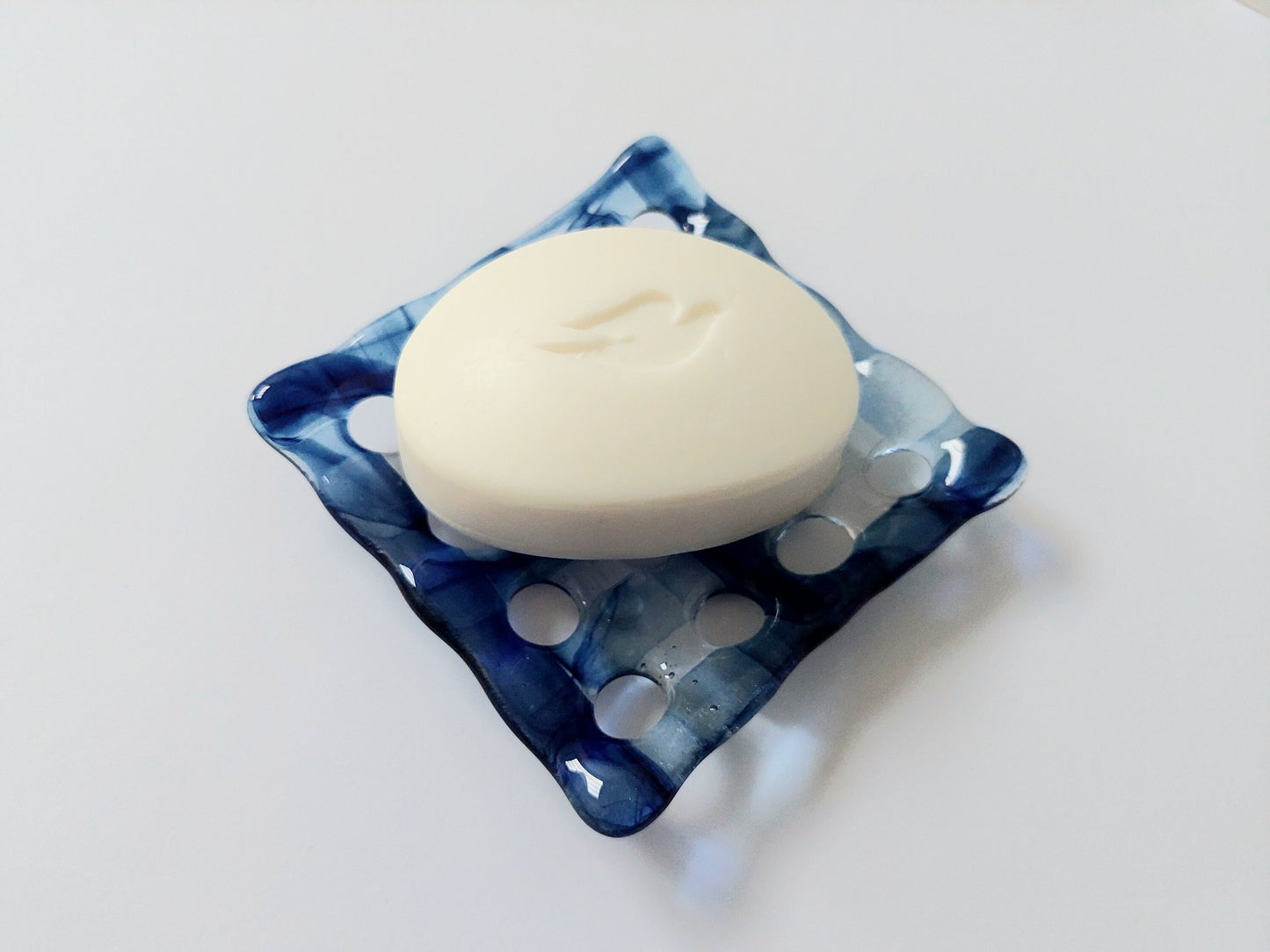 Coniston Water Glass Art Soap Dish with Holes, Handcrafted Dark Aventurine Blue and Crystal Clear Fused Glass Soap Tray, Blue Bathroom Décor