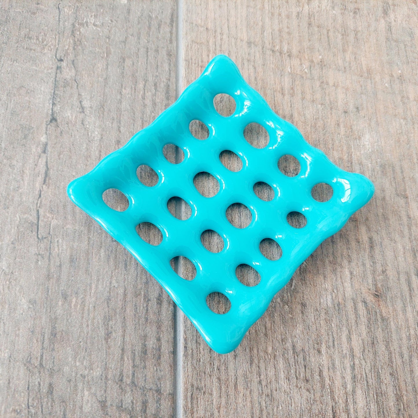Pastel Turquoise Glass Soap Dish with Holes, Small Handcrafted Organic Fused Glass Art Tray, Unusual Candle Stand, Turquoise Bathroom Décor