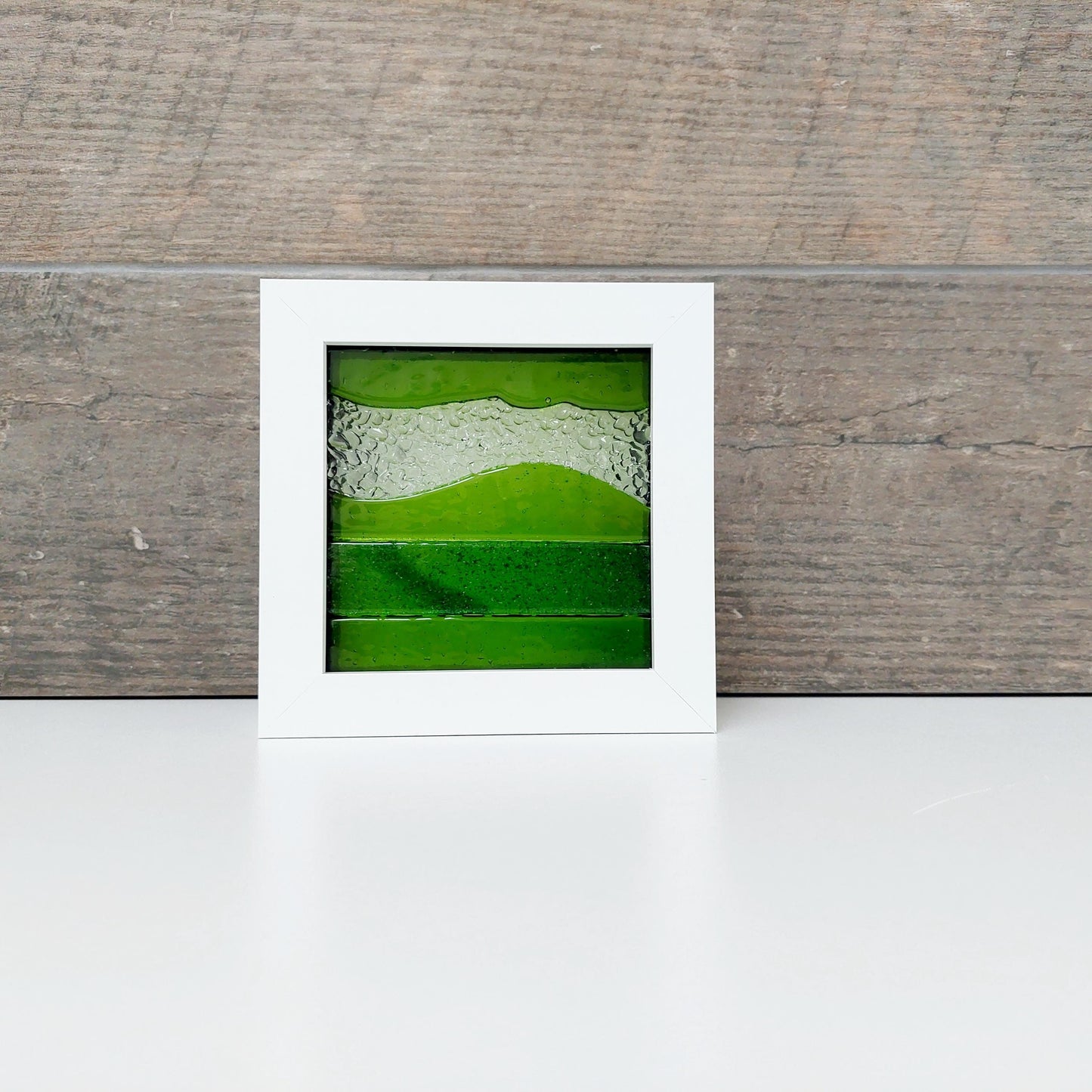 Artisan Green Glass Art Picture, Small Lime and Aventurine Green Fused Glass Framed Picture, Mantlepiece Picture, Green Living Room Décor